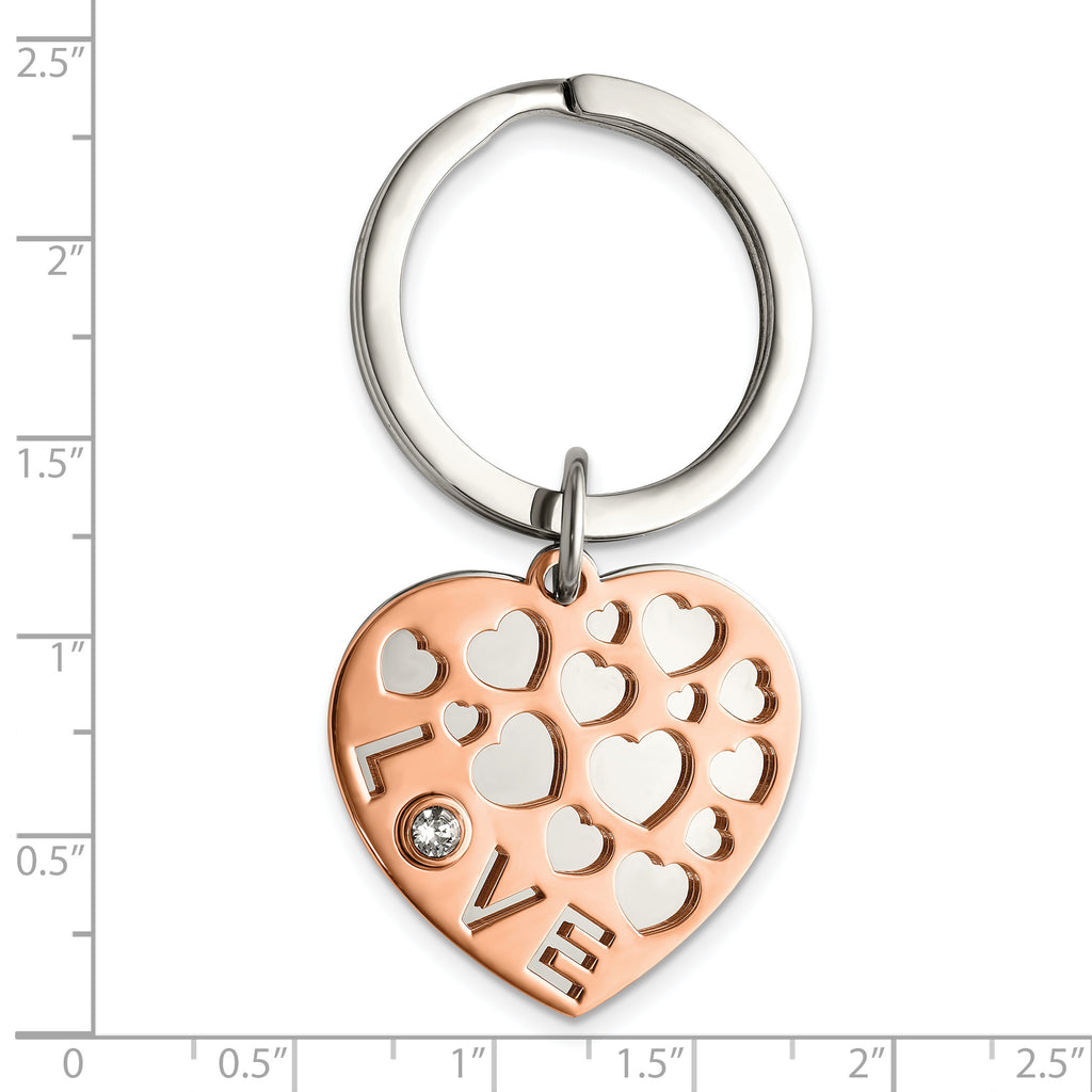 Chisel Stainless Steel Polished Rose IP-plated with Crystals LOVE Hearts 2 Piece Key Ring