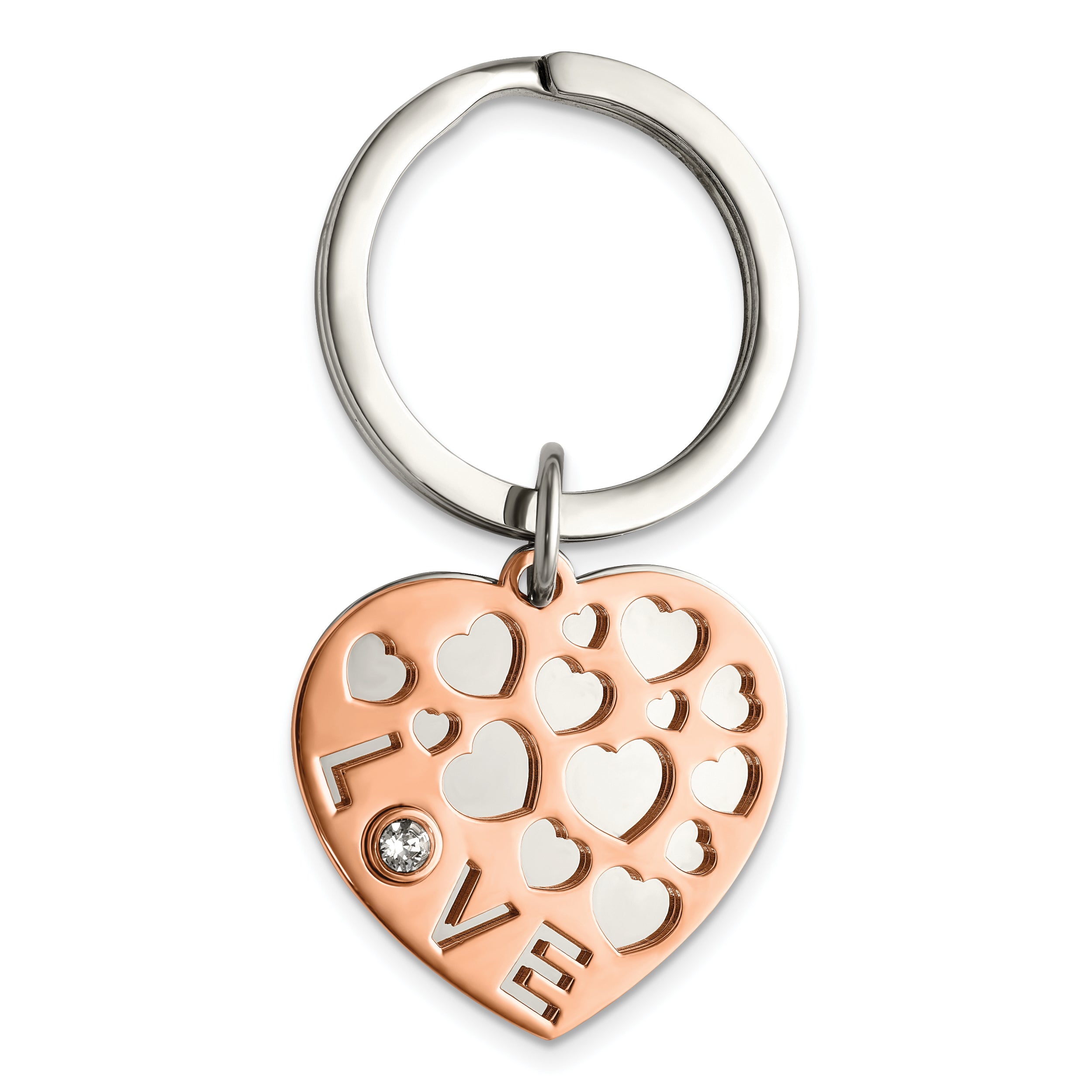 Chisel Stainless Steel Polished Rose IP-plated with Crystals LOVE Hearts 2 Piece Key Ring