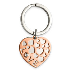 Chisel Stainless Steel Polished Rose IP-plated with Crystals LOVE Hearts 2 Piece Key Ring