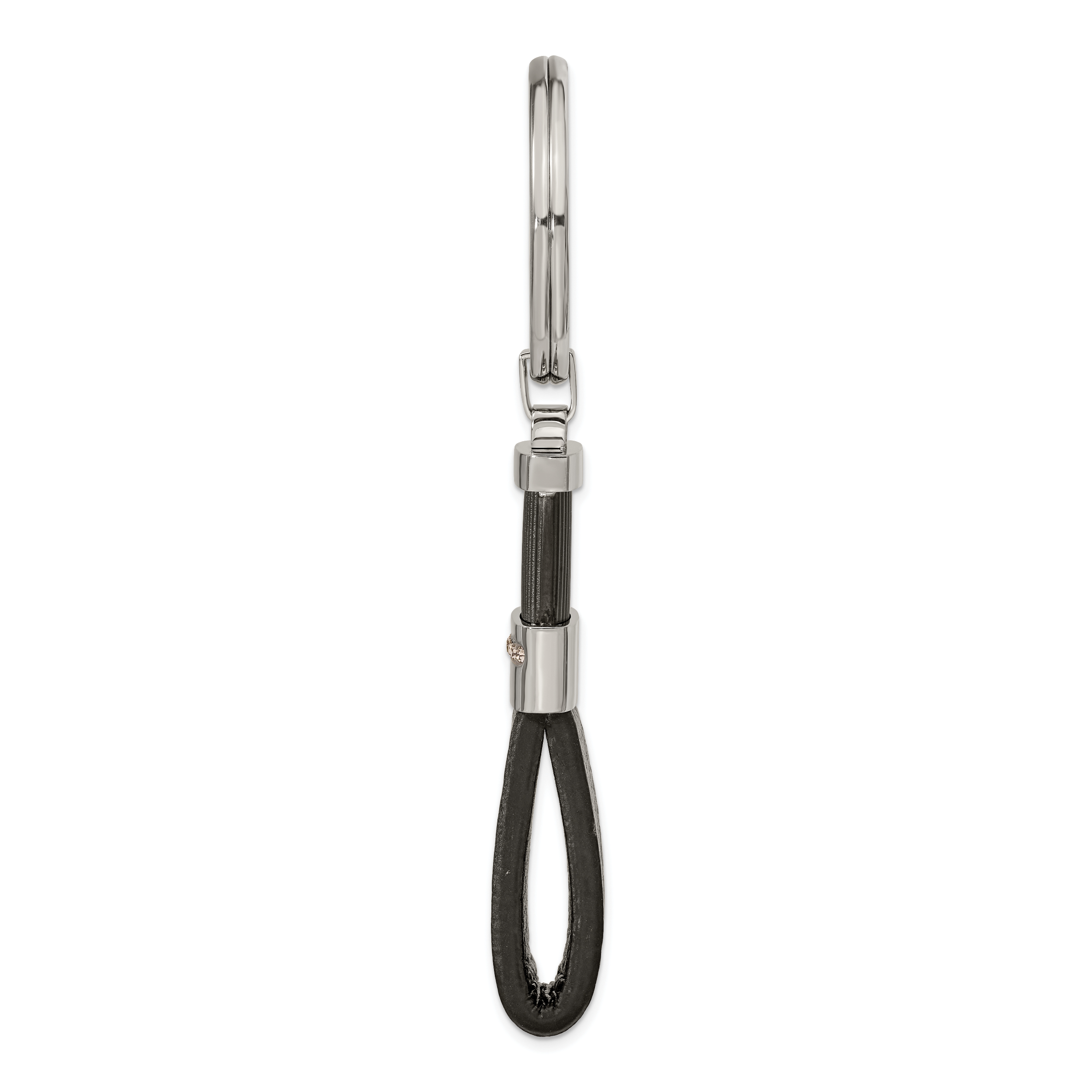Stainless Steel Polished Black IP Black Diamond Preciosa Leather Key Ring Secondary image