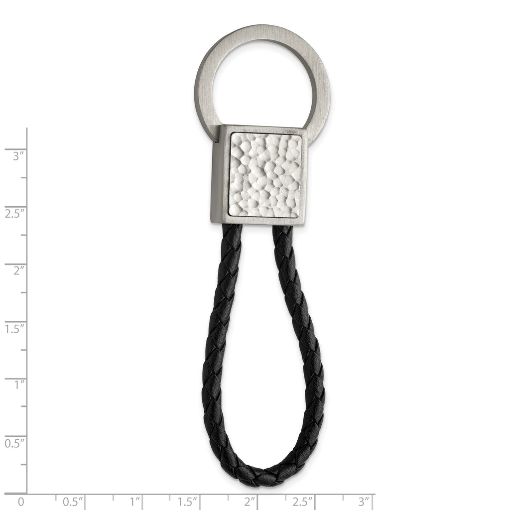 Chisel Stainless Steel Brushed and Hammered Black Leather Key Ring