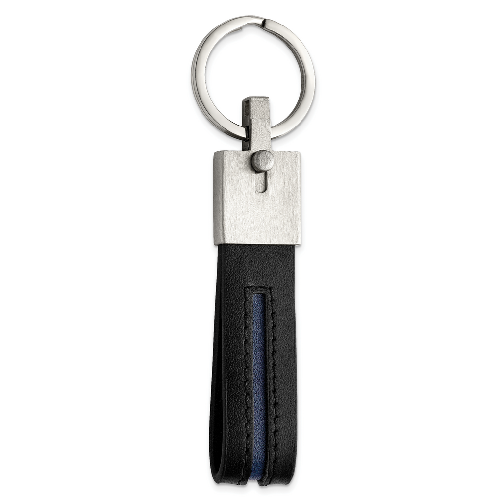 Chisel Stainless Steel Brushed with Removable Ring Black and Blue Leather Key Ring