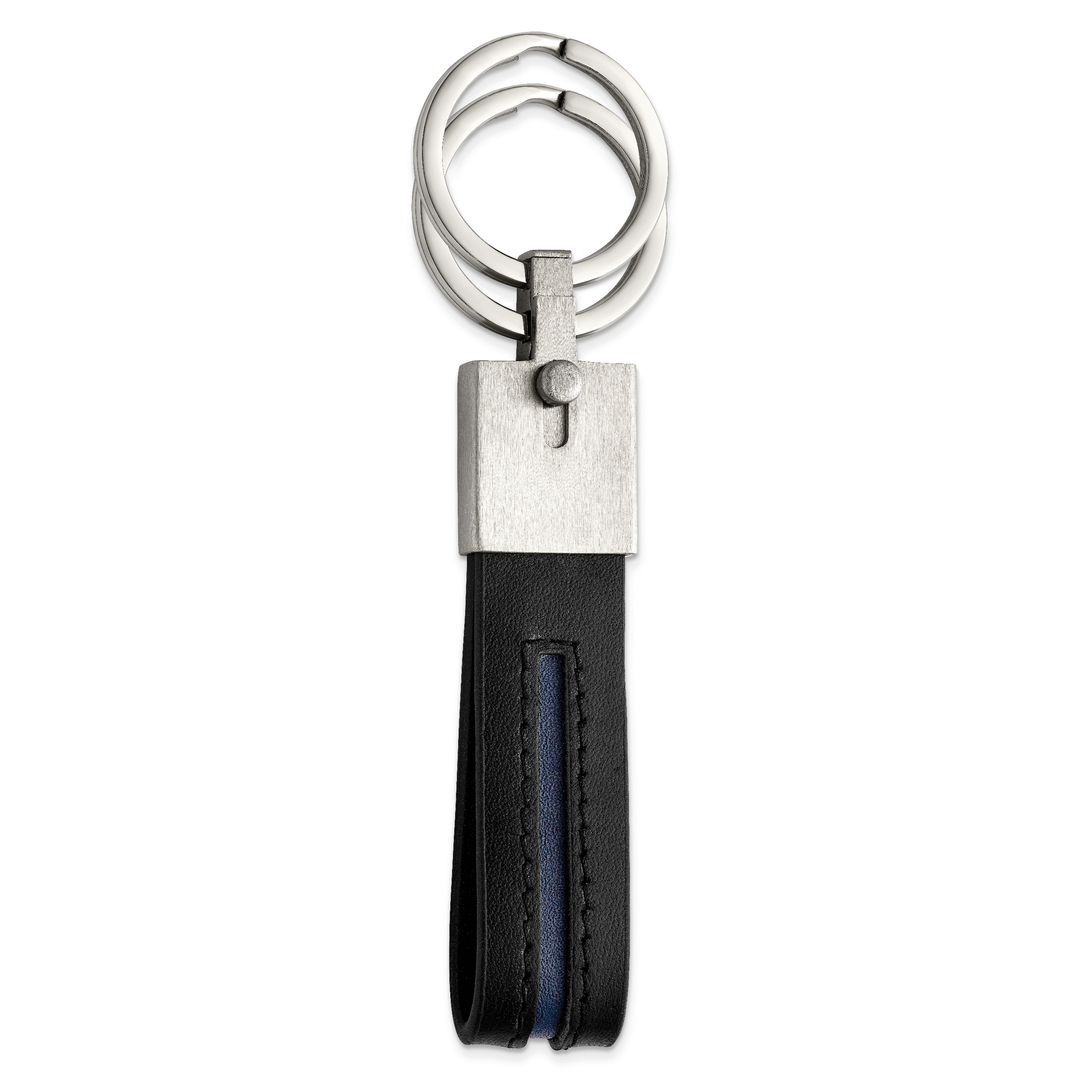 Chisel Stainless Steel Brushed with Removable Ring Black and Blue Leather Key Ring