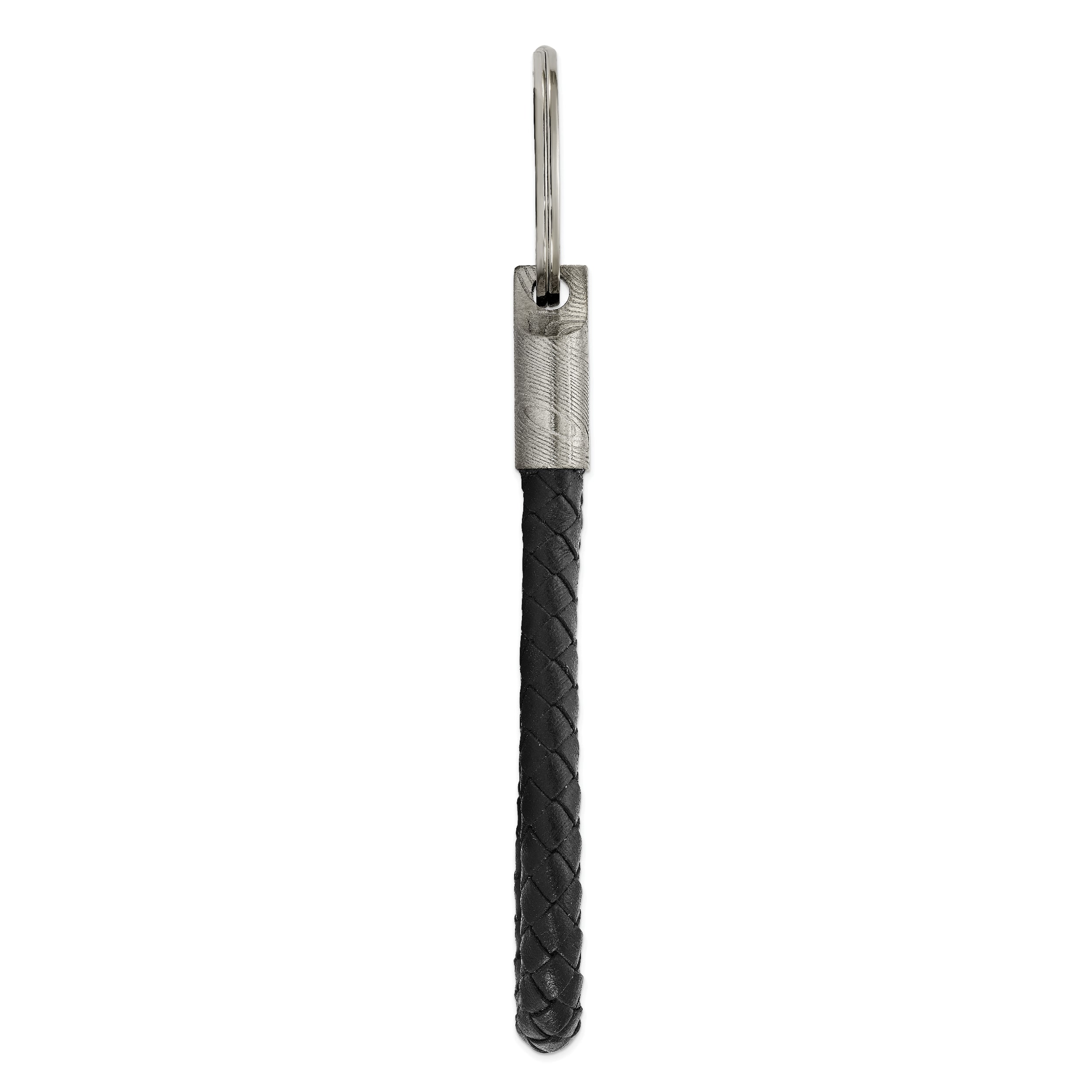 Chisel Damascus Steel Brushed and Textured Black Leather Key Ring