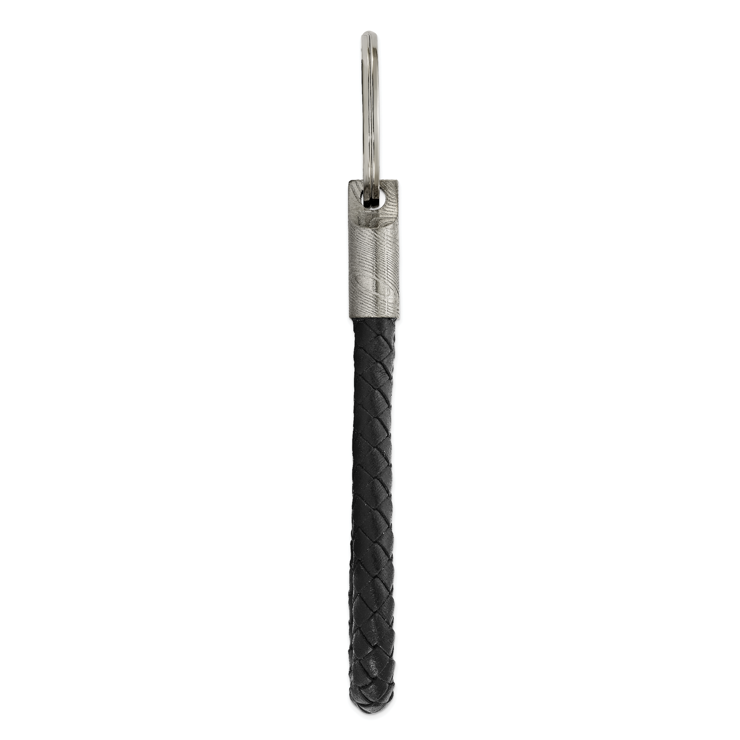 Chisel Damascus Steel Brushed and Textured Black Leather Key Ring