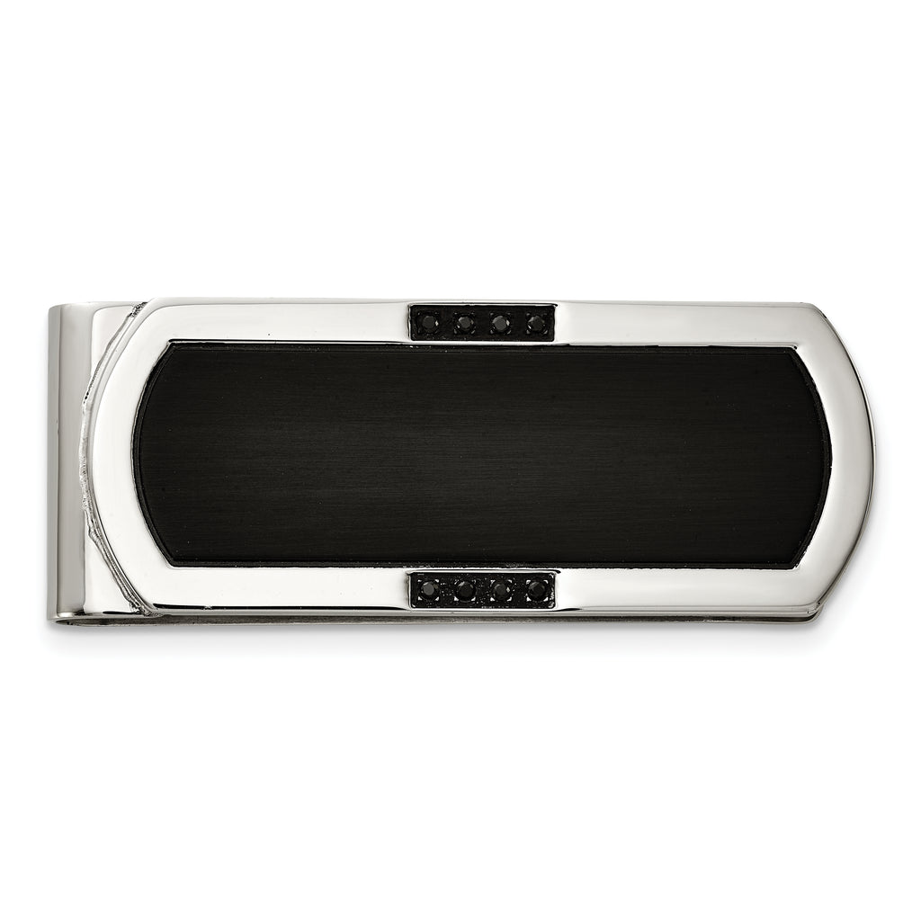 Chisel Stainless Steel Brushed and Polished Black IP-plated with Black CZ Money Clip