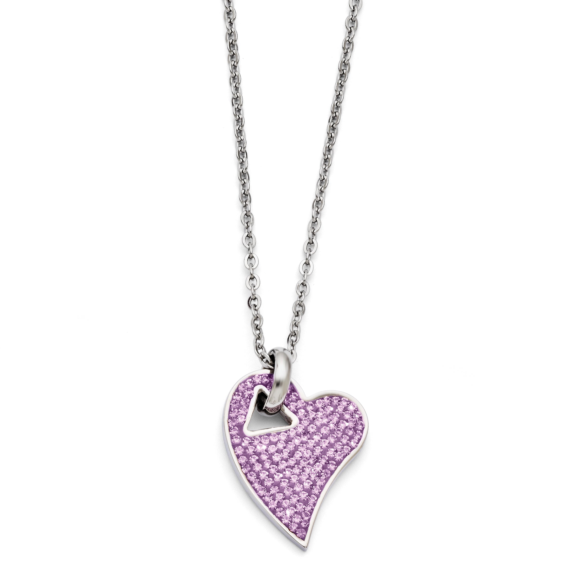 Stainless Steel Polished Light Purple Crystal Heart Pendant Necklace Main image