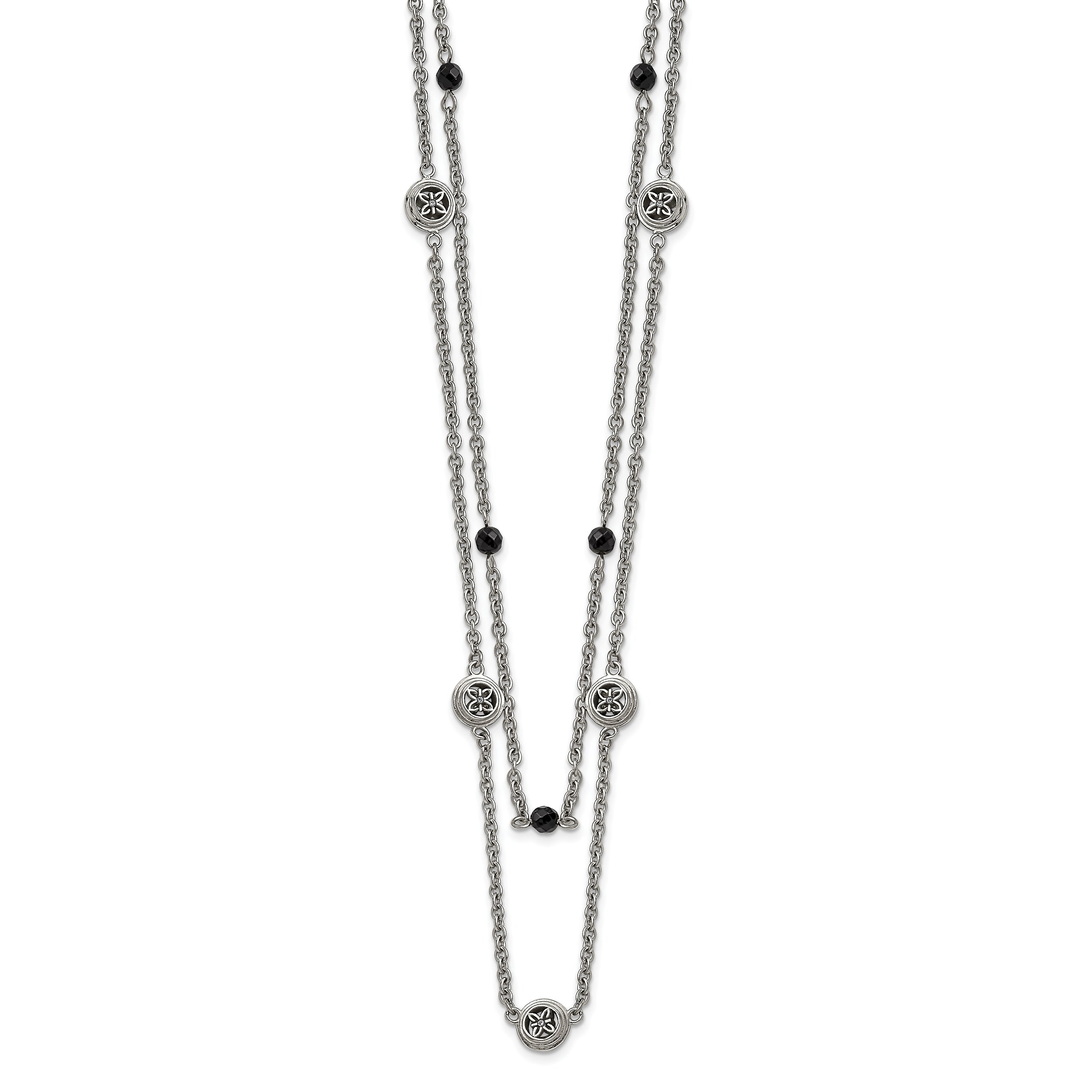 Stainless Steel Polished w/Black Onyx & Acrylic Beads w/2in ext Necklace