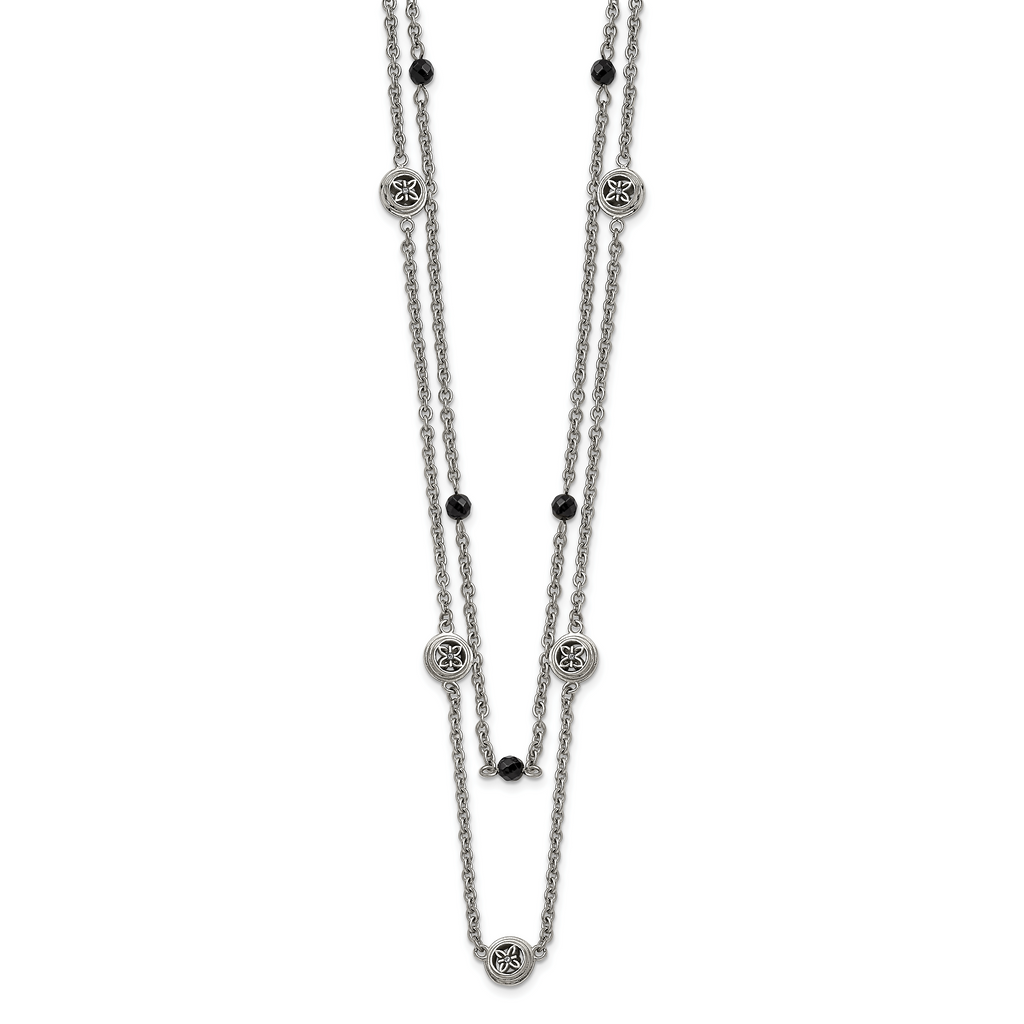 Stainless Steel Polished w/Black Onyx & Acrylic Beads w/2in ext Necklace
