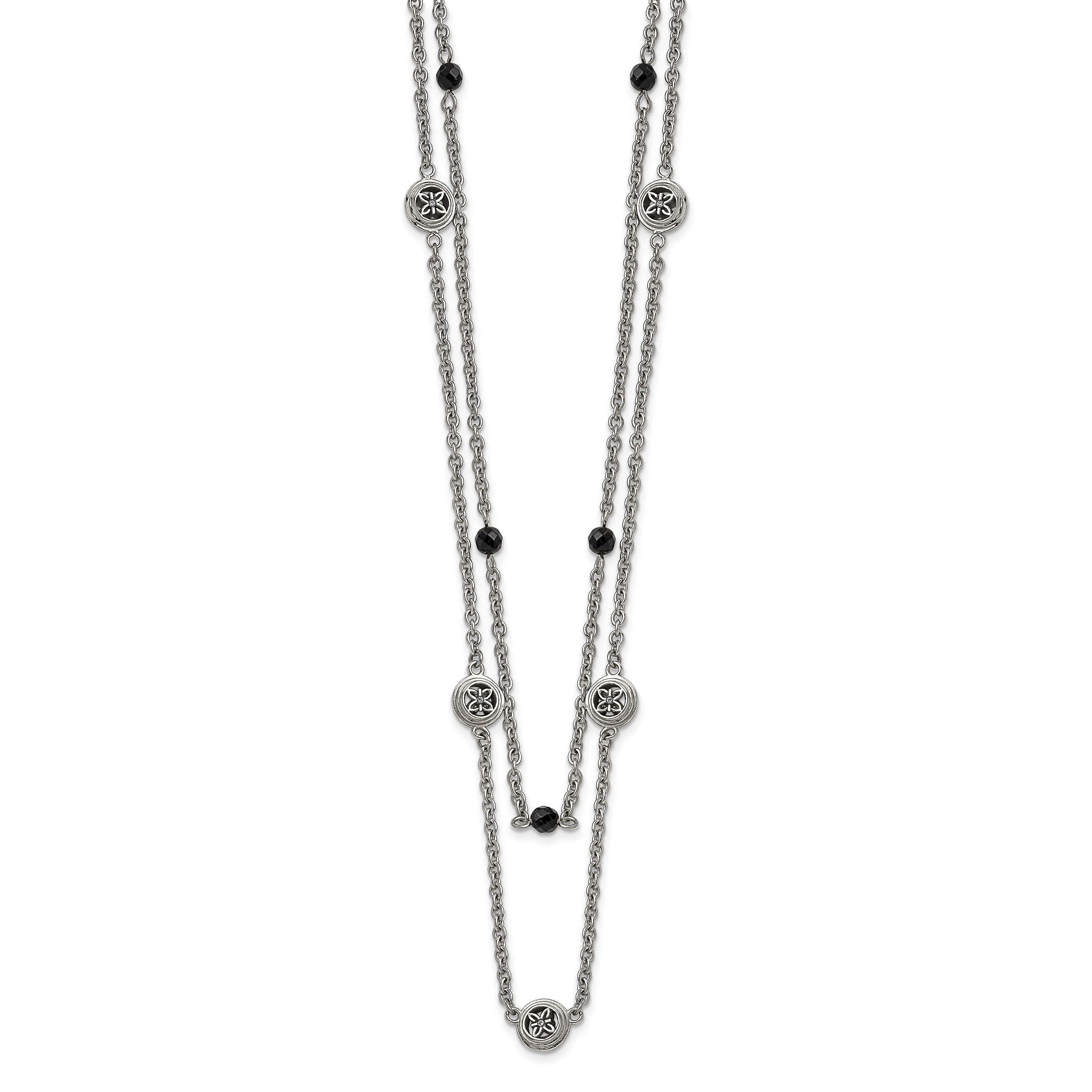 Stainless Steel Polished w/Black Onyx & Acrylic Beads w/2in ext Necklace
