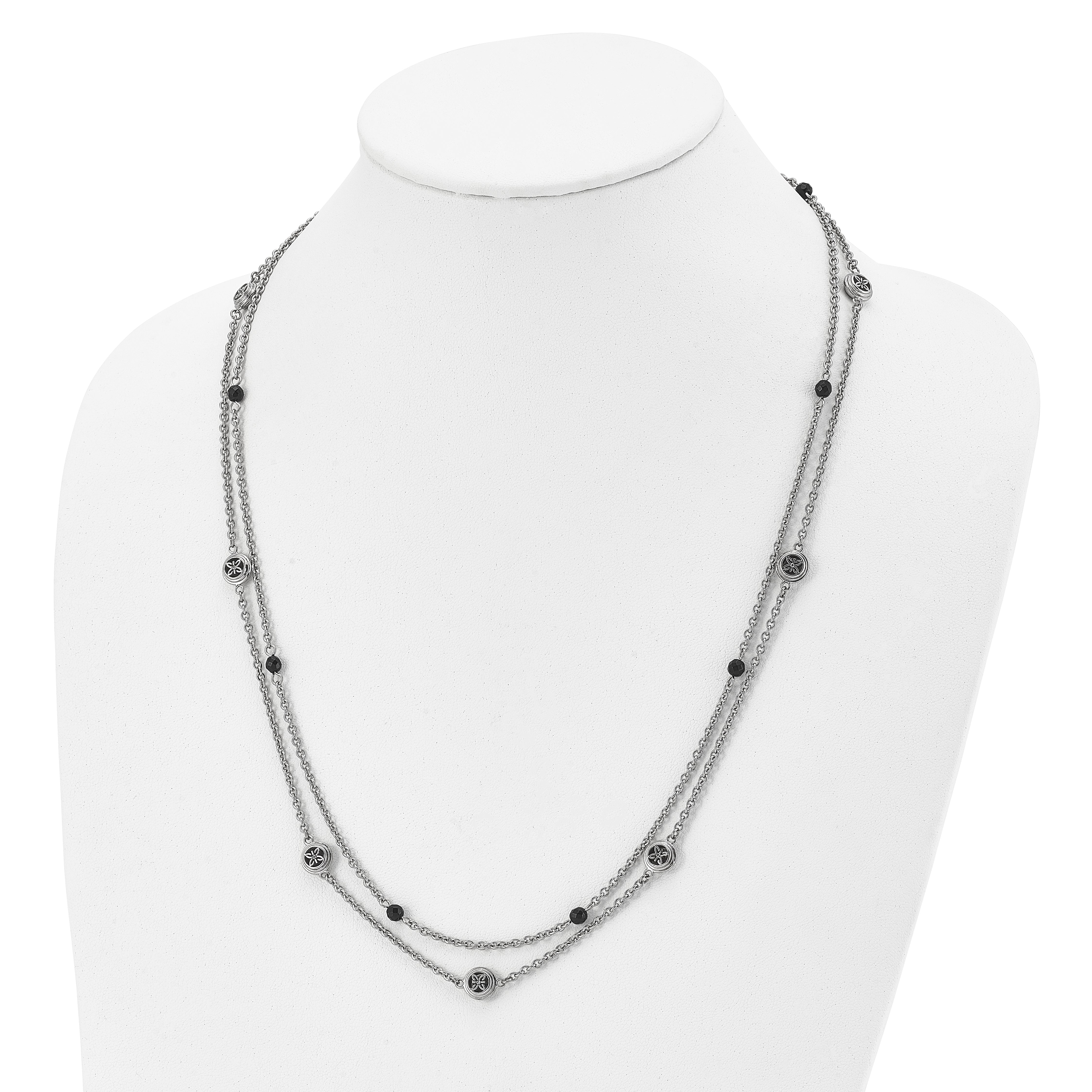 Stainless Steel Polished w/Black Onyx & Acrylic Beads w/2in ext Necklace