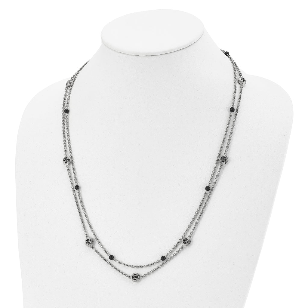 Stainless Steel Polished w/Black Onyx & Acrylic Beads w/2in ext Necklace