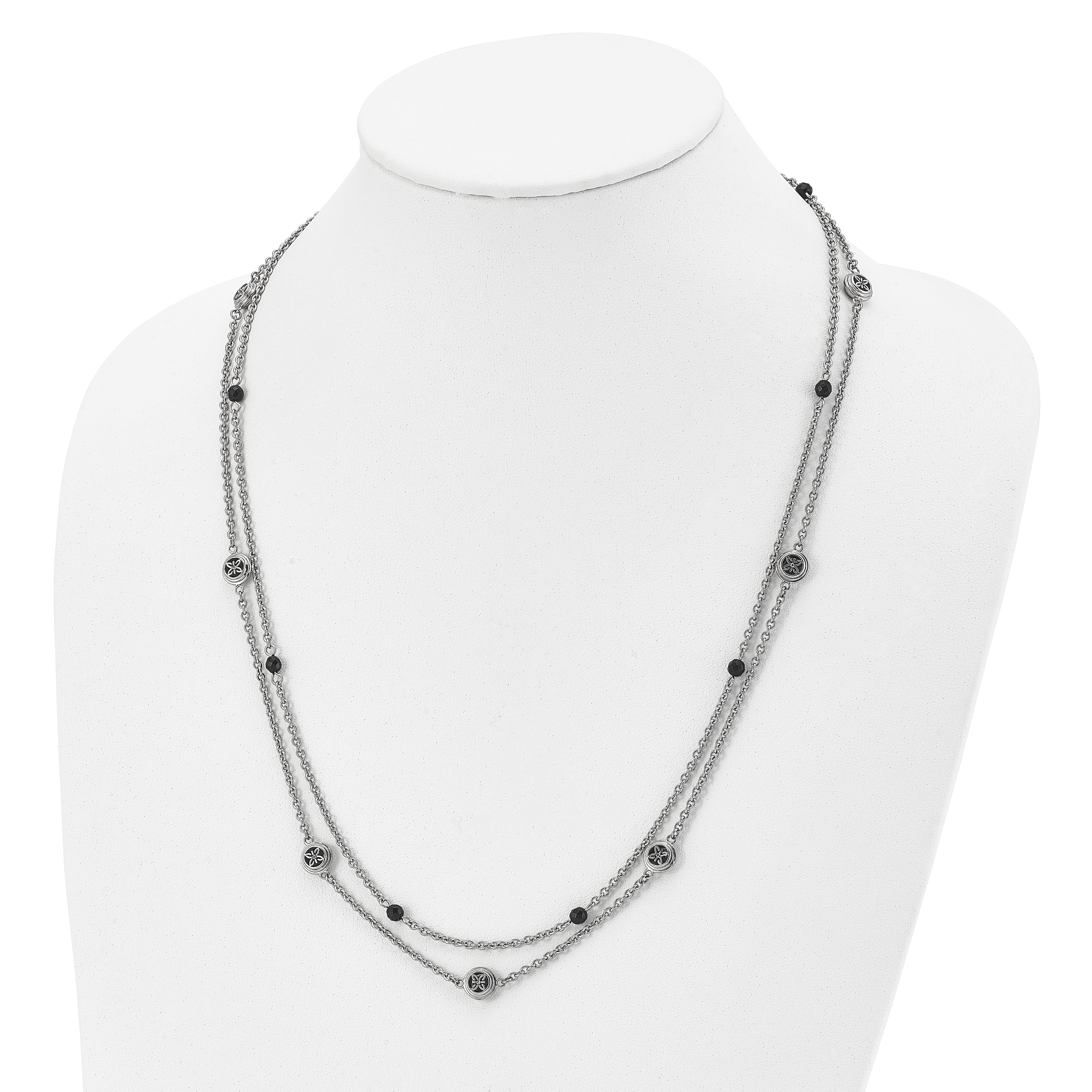 Stainless Steel Polished w/Black Onyx & Acrylic Beads w/2in ext Necklace