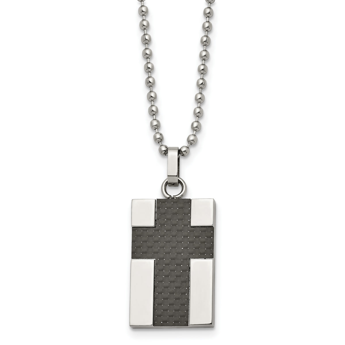 Chisel Stainless Steel Polished Carbon Fiber Inlay Cross Pendant on a 22 inch Ball Chain Necklace