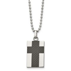 Chisel Stainless Steel Polished Carbon Fiber Inlay Cross Pendant on a 22 inch Ball Chain Necklace
