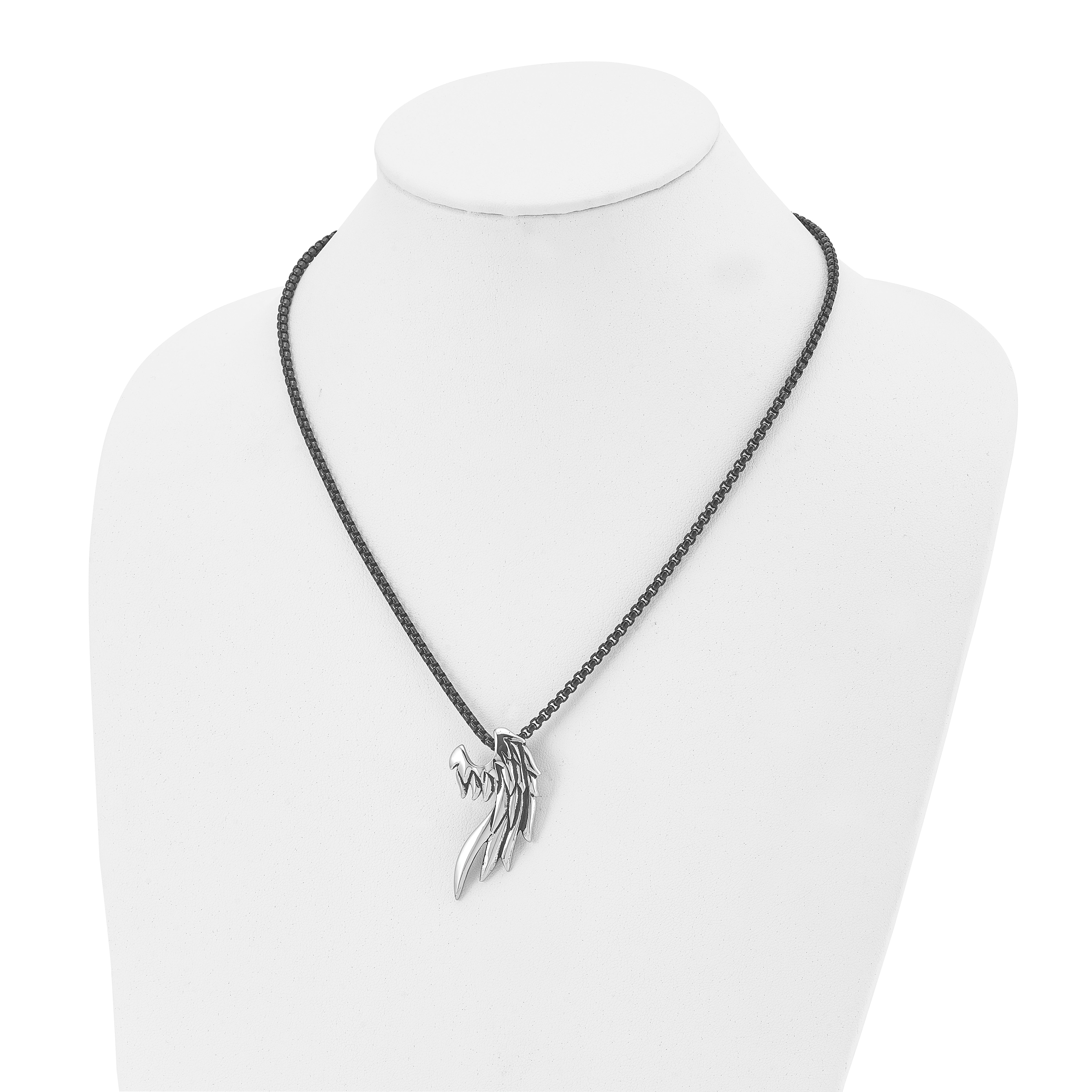 Chisel Stainless Steel Antiqued and Polished Wing Slide on a Black IP-plated 20 inch Box Chain Necklace