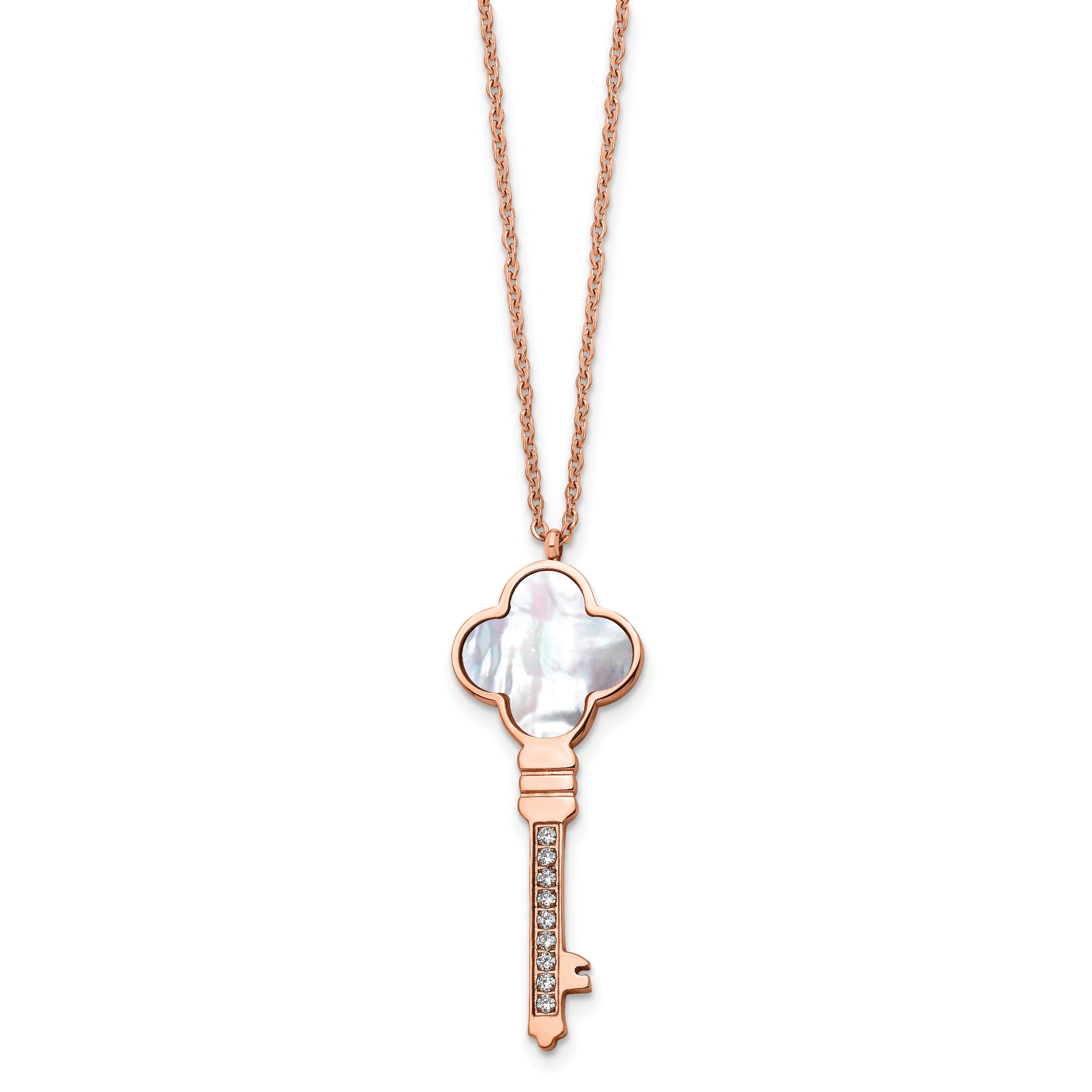 Chisel Stainless Steel Polished Rose IP-plated CZ and Mother of Pearl Key Pendant on a 16 inch Cable Chain with a 2 inch Extension Necklace