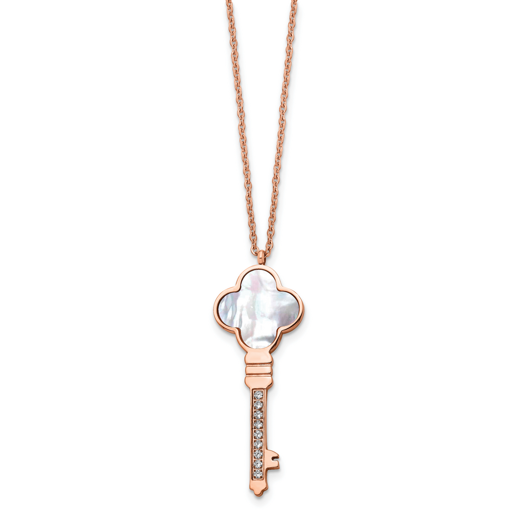 Chisel Stainless Steel Polished Rose IP-plated CZ and Mother of Pearl Key Pendant on a 16 inch Cable Chain with a 2 inch Extension Necklace