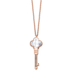 Chisel Stainless Steel Polished Rose IP-plated CZ and Mother of Pearl Key Pendant on a 16 inch Cable Chain with a 2 inch Extension Necklace