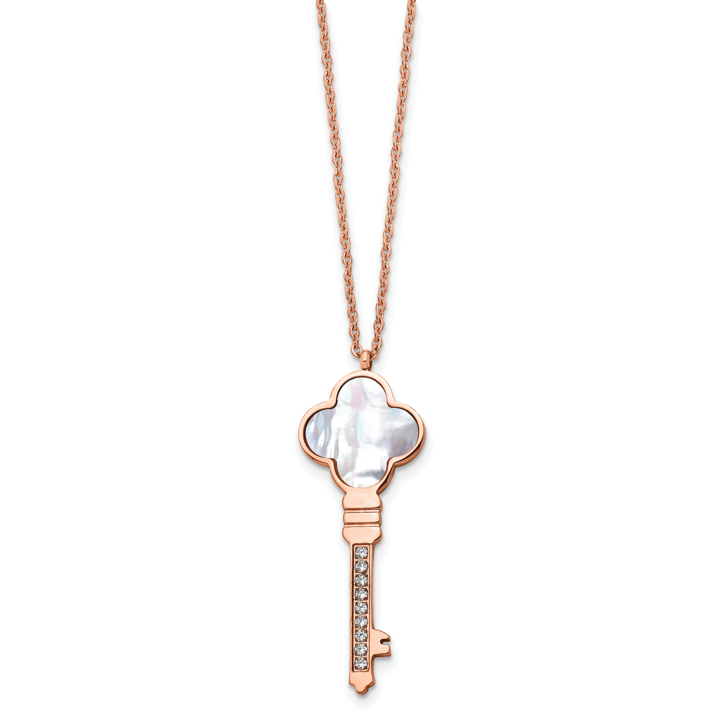 Chisel Stainless Steel Polished Rose IP-plated CZ and Mother of Pearl Key Pendant on a 16 inch Cable Chain with a 2 inch Extension Necklace