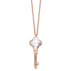 Chisel Stainless Steel Polished Rose IP-plated CZ and Mother of Pearl Key Pendant on a 16 inch Cable Chain with a 2 inch Extension Necklace