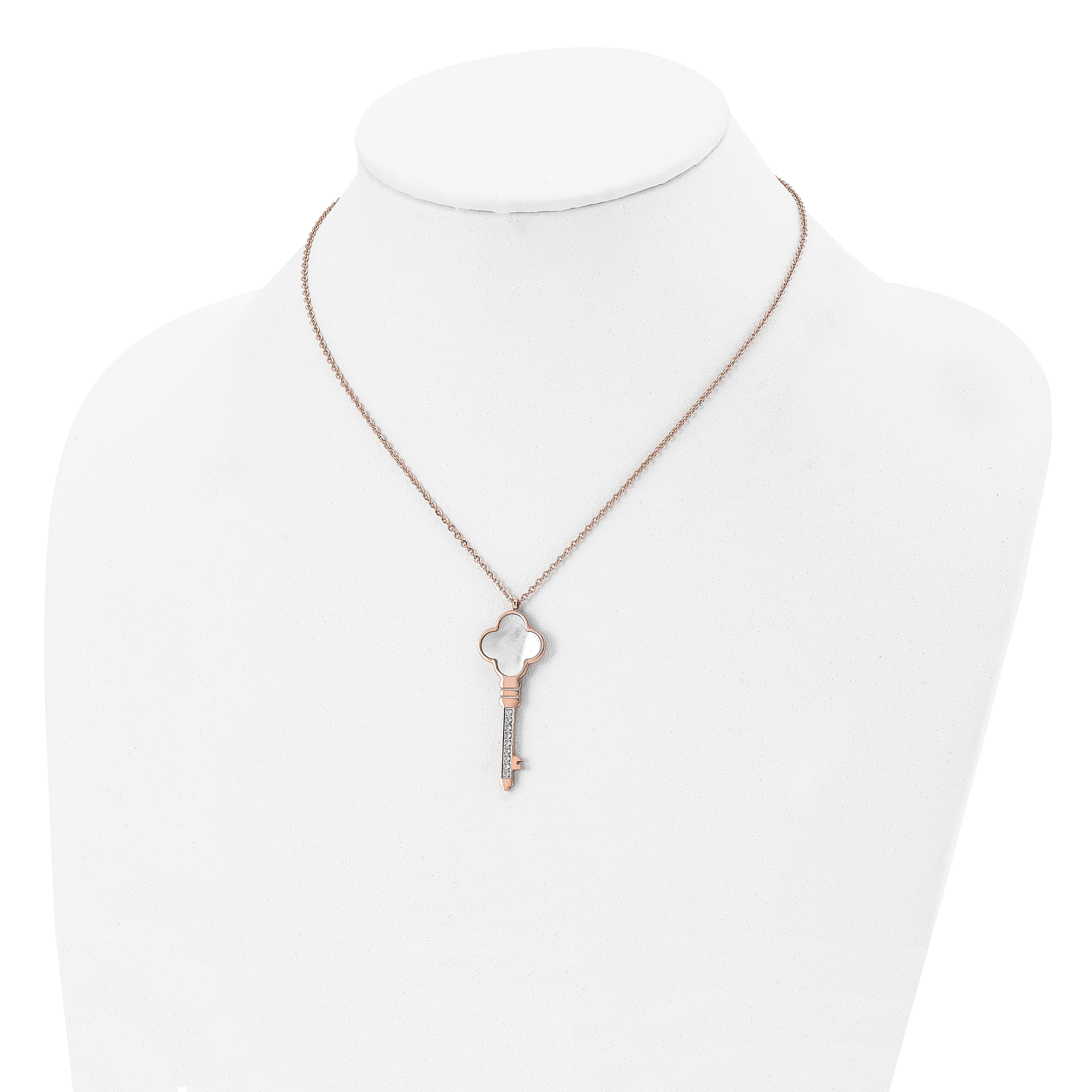 Chisel Stainless Steel Polished Rose IP-plated CZ and Mother of Pearl Key Pendant on a 16 inch Cable Chain with a 2 inch Extension Necklace