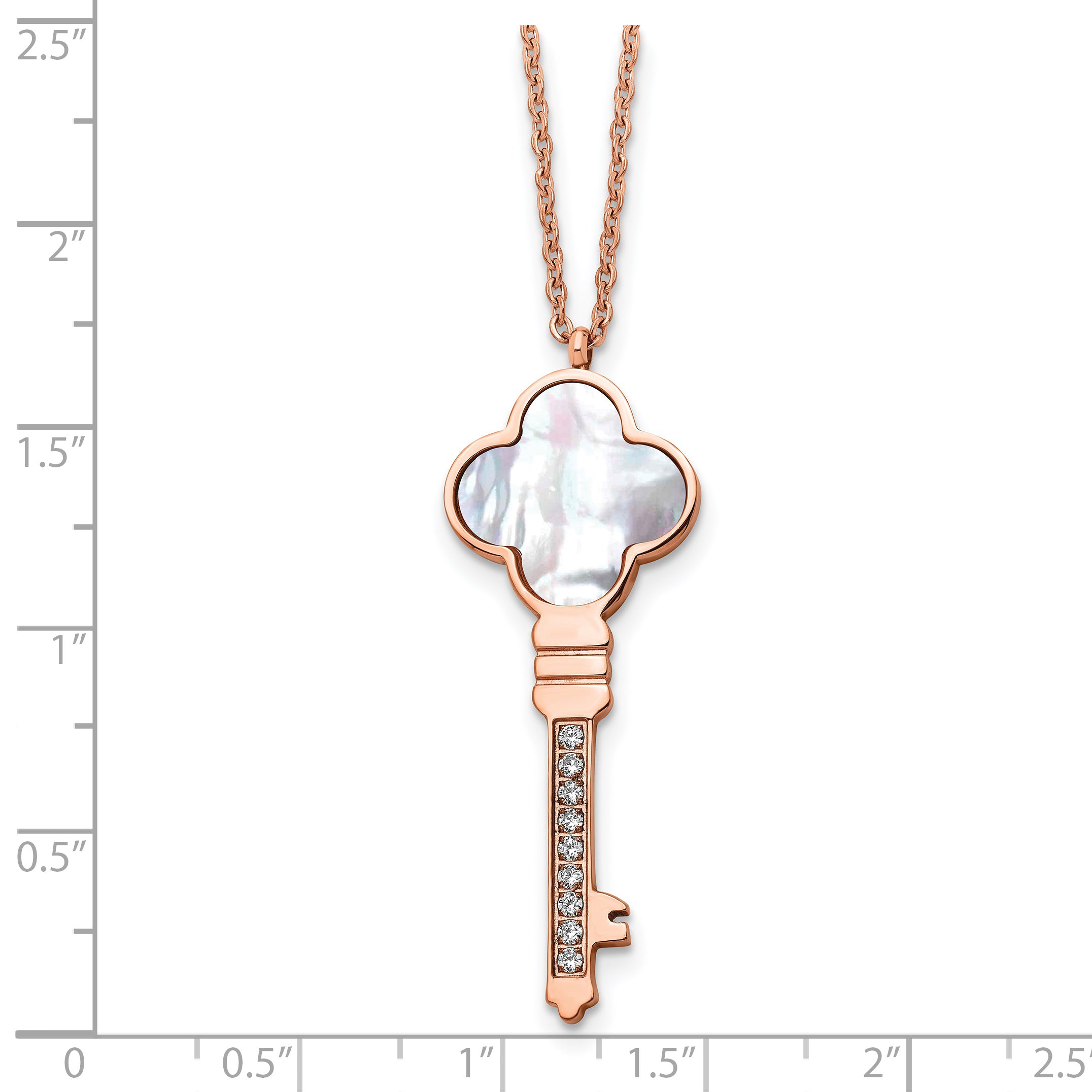 Chisel Stainless Steel Polished Rose IP-plated CZ and Mother of Pearl Key Pendant on a 16 inch Cable Chain with a 2 inch Extension Necklace