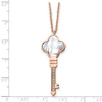 Chisel Stainless Steel Polished Rose IP-plated CZ and Mother of Pearl Key Pendant on a 16 inch Cable Chain with a 2 inch Extension Necklace