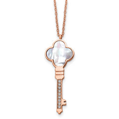 Chisel Stainless Steel Polished Rose IP-plated CZ and Mother of Pearl Key Pendant on a 16 inch Cable Chain with a 2 inch Extension Necklace