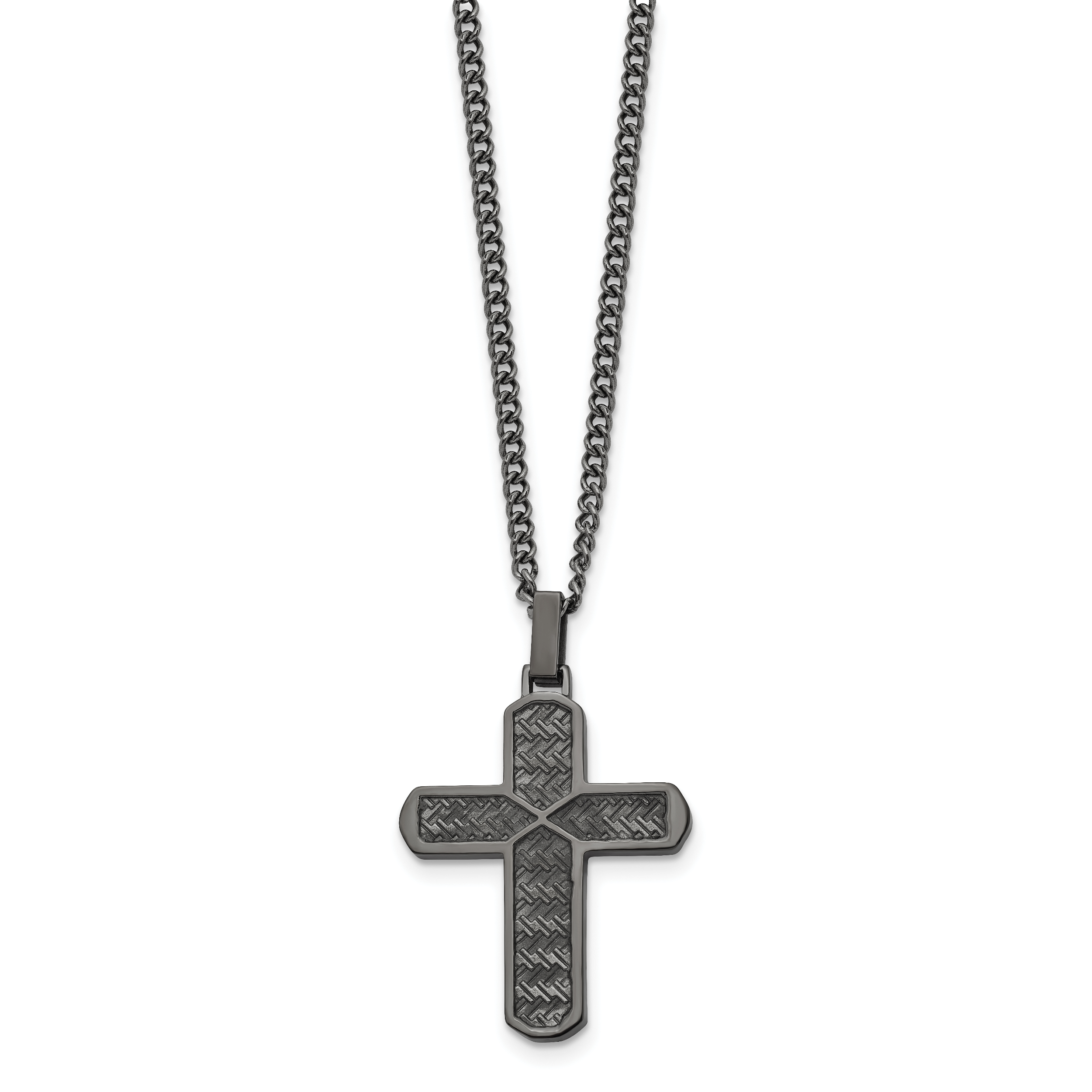 Chisel Stainless Steel Polished and Textured Gun Metal IP-plated Cross Pendant on a Curb Chain Necklace Secondary image
