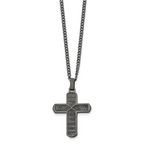 Chisel Stainless Steel Polished and Textured Gun Metal IP-plated Cross Pendant on a Curb Chain Necklace