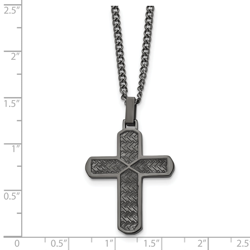 Chisel Stainless Steel Polished and Textured Gun Metal IP-plated Cross Pendant on a Curb Chain Necklace