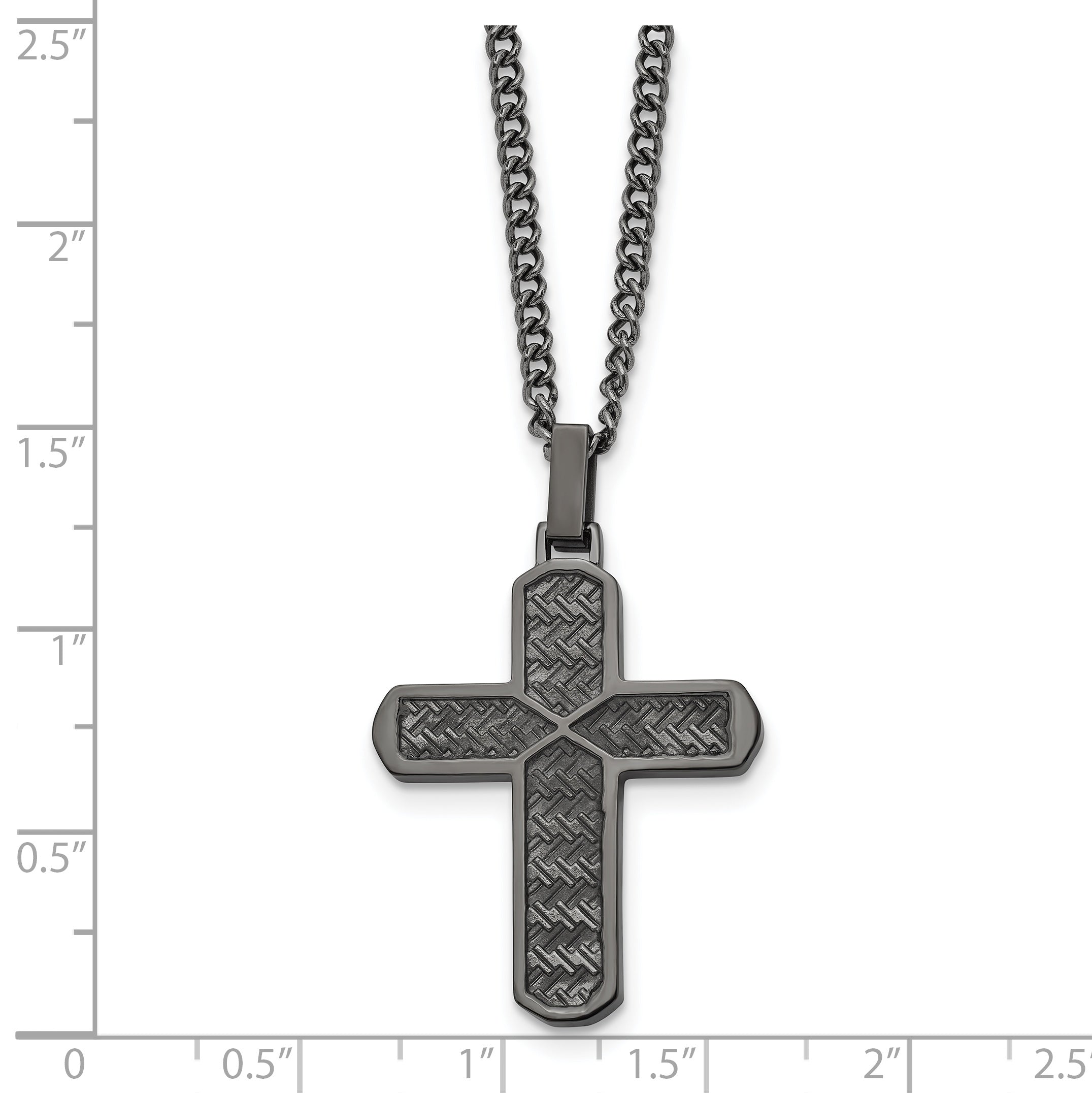 Chisel Stainless Steel Polished and Textured Gun Metal IP-plated Cross Pendant on a Curb Chain Necklace