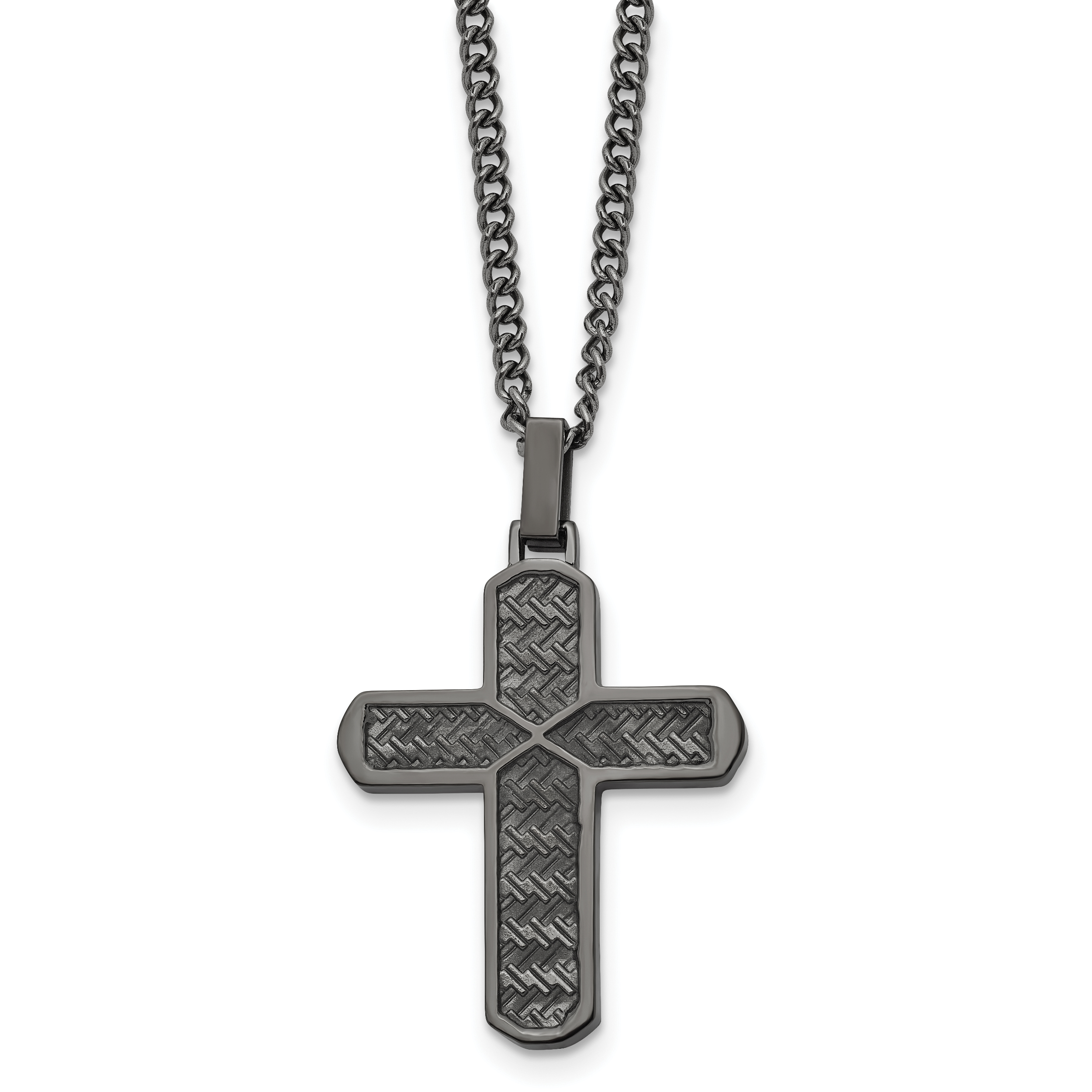 Chisel Stainless Steel Polished and Textured Gun Metal IP-plated Cross Pendant on a Curb Chain Necklace Main image