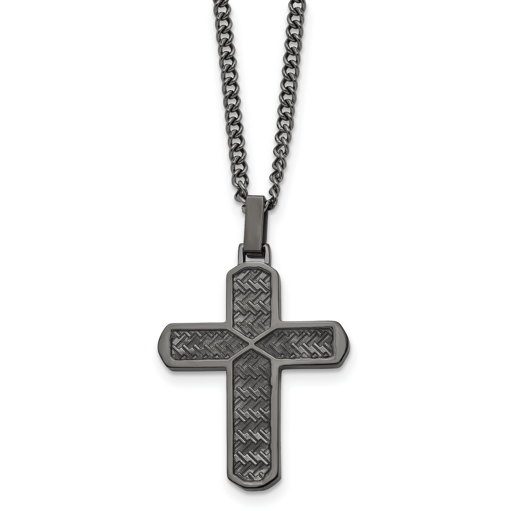 Chisel Stainless Steel Polished and Textured Gun Metal IP-plated Cross Pendant on a Curb Chain Necklace