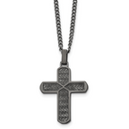 Chisel Stainless Steel Polished and Textured Gun Metal IP-plated Cross Pendant on a Curb Chain Necklace