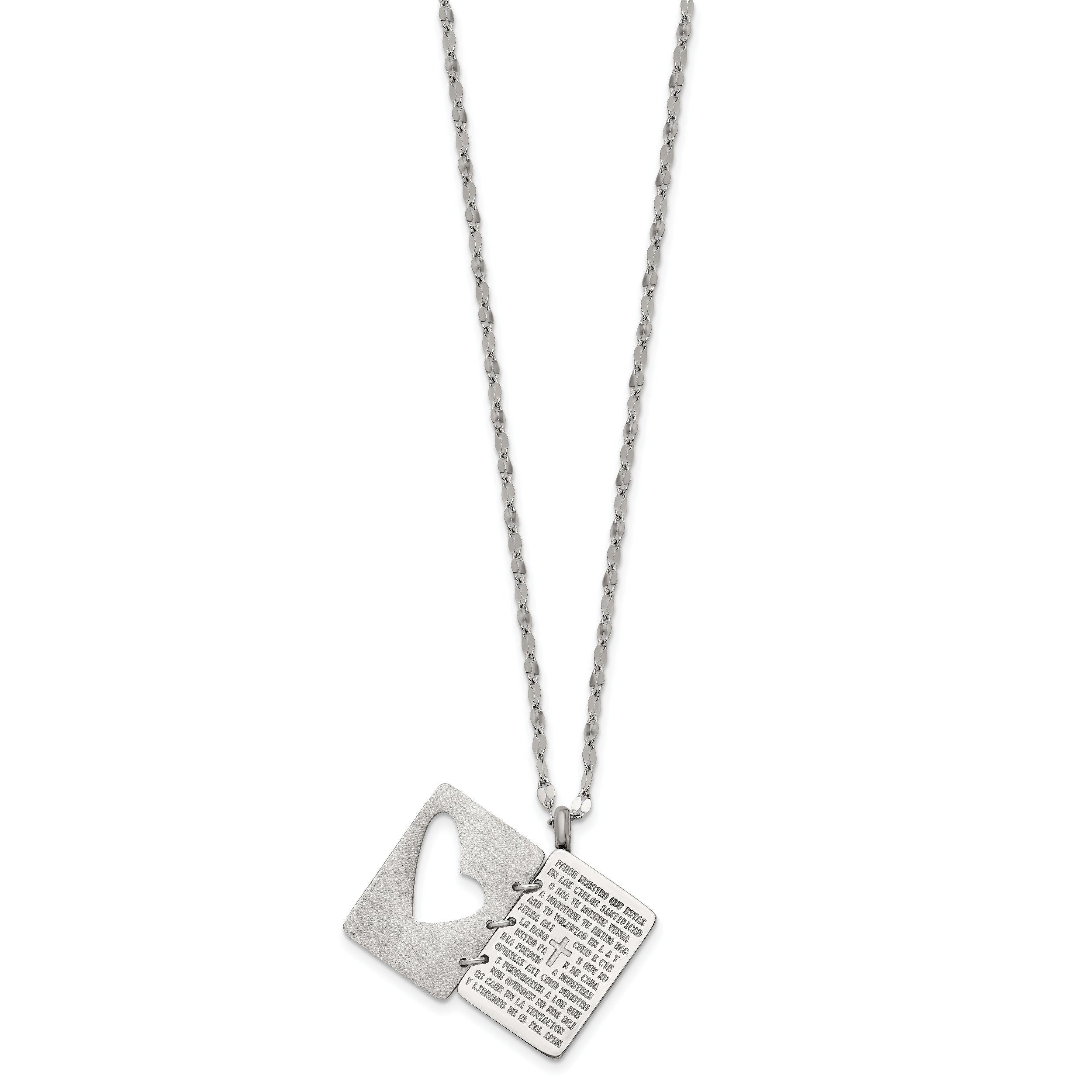 Chisel Stainless Steel Brushed and Polished Lord's Prayer in Spanish Notebook Pendant on a 17.5 inch Necklace