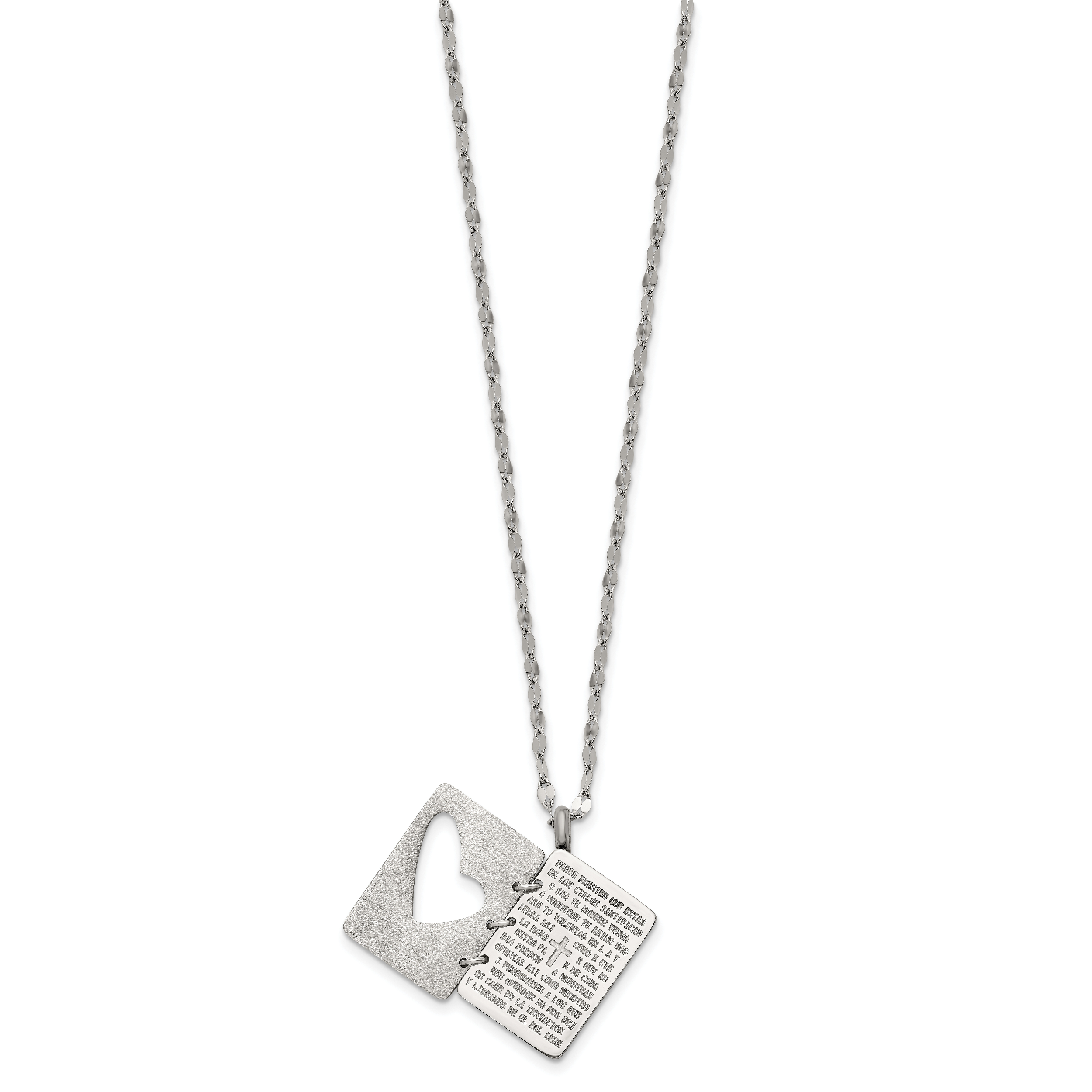 Chisel Stainless Steel Brushed and Polished Lord's Prayer in Spanish Notebook Pendant on a 17.5 inch Necklace