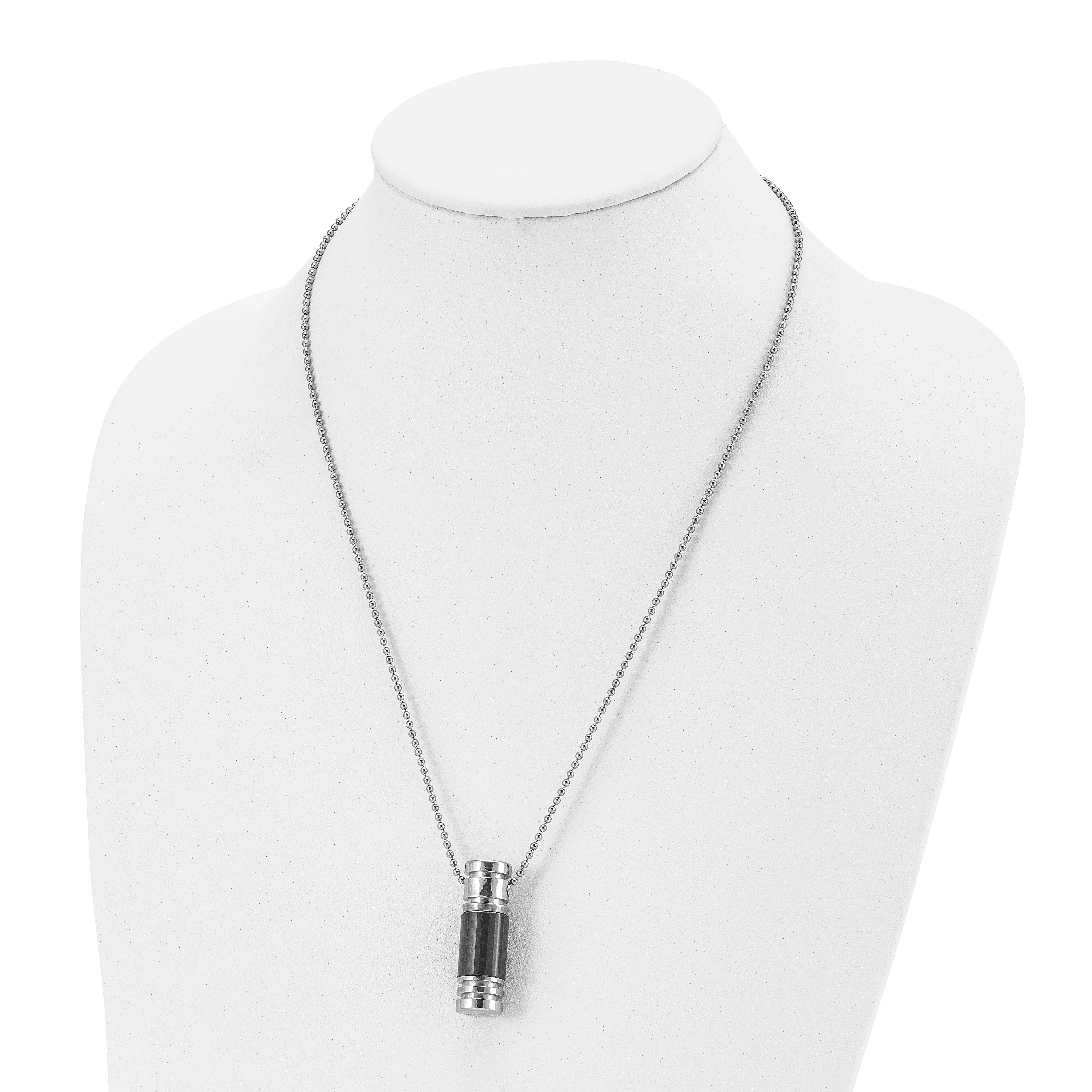 Chisel Stainless Steel Polished with Black Carbon Fiber Inlay Cylinder on a 22 inch Ball Chain Necklace