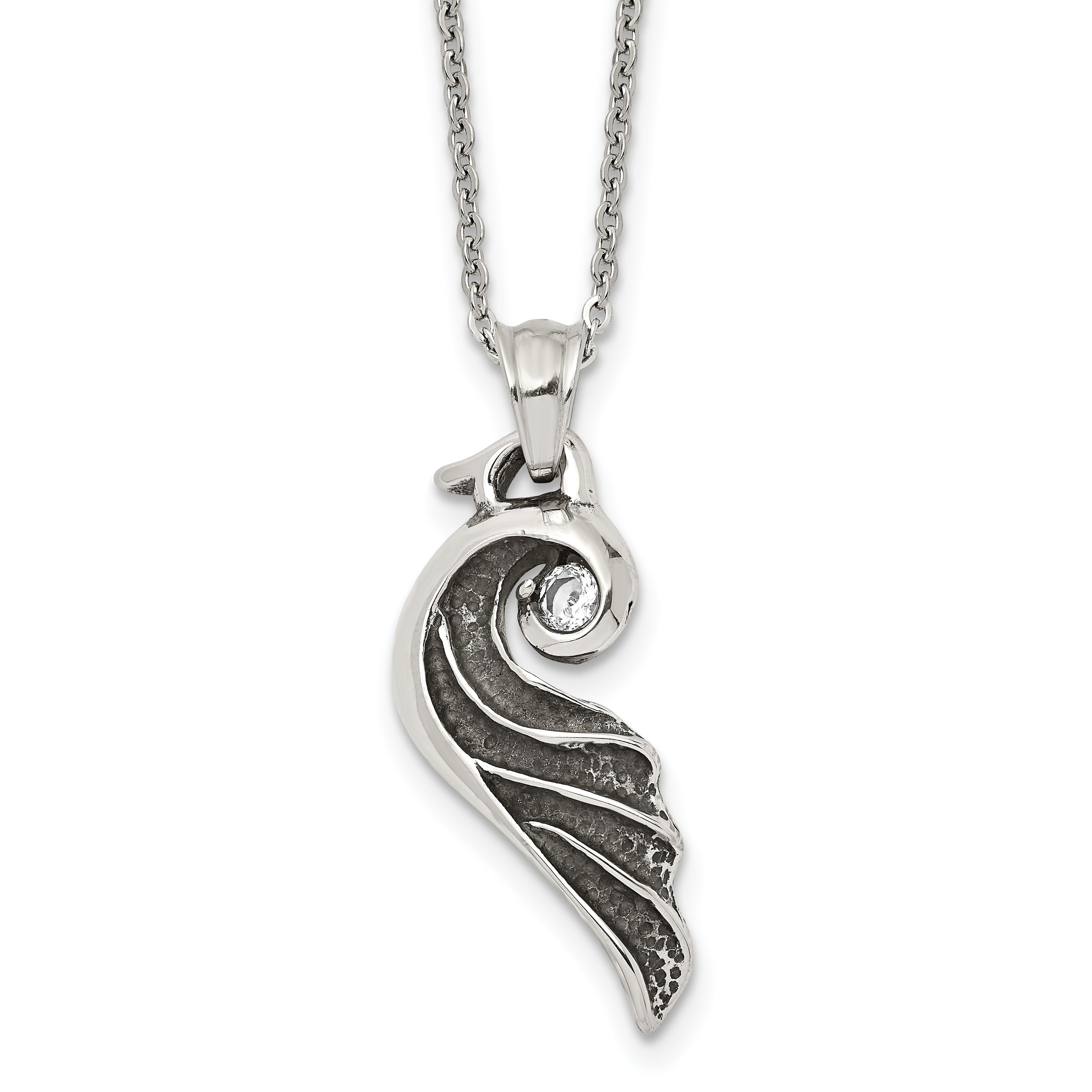 Stainless Steel Antiqued and Polished w/Crystal Wing 18in Necklace Main image