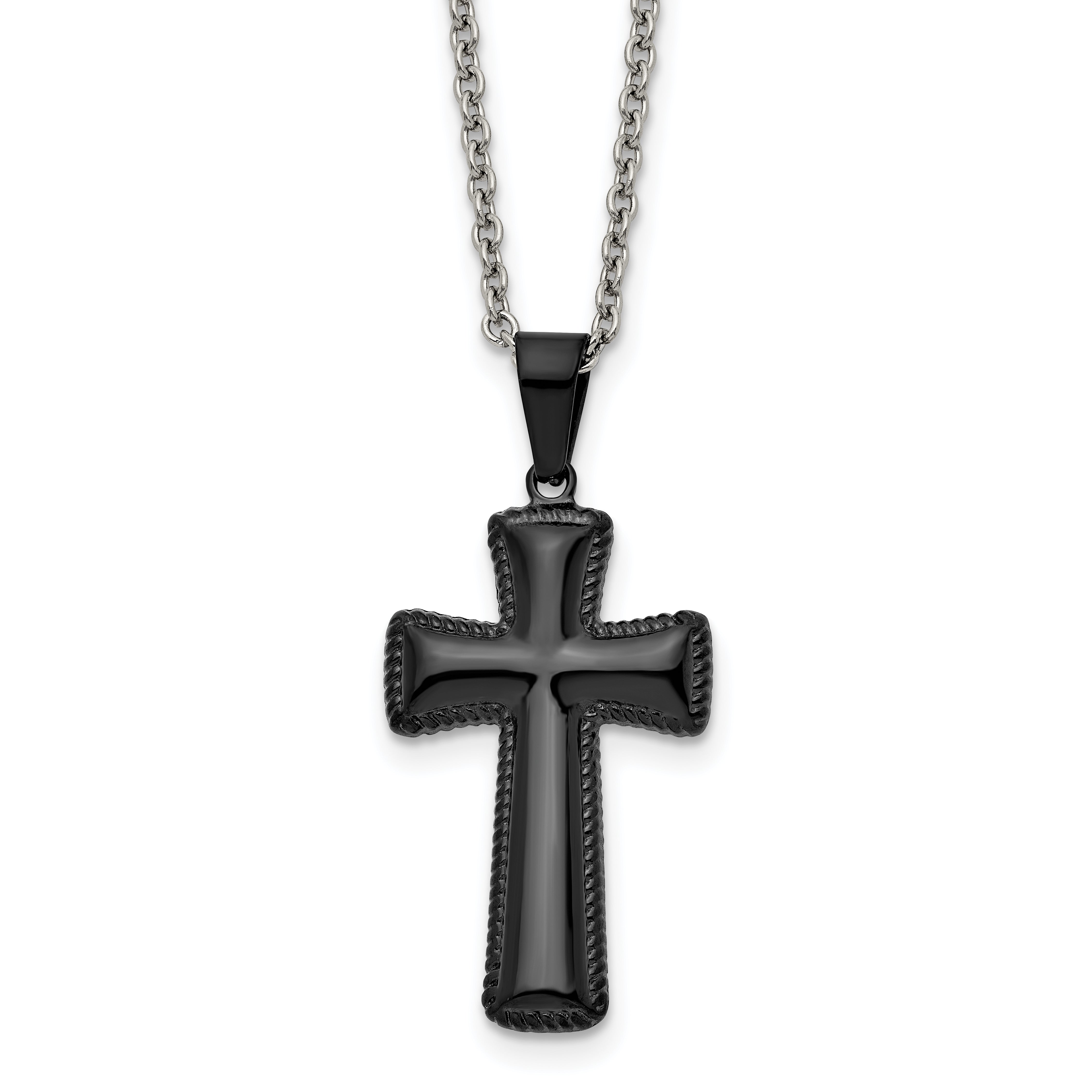 Chisel Stainless Steel Polished Black IP-plated Medium Pillow Cross Pendant on an 18 inch Cable Chain Necklace Main image