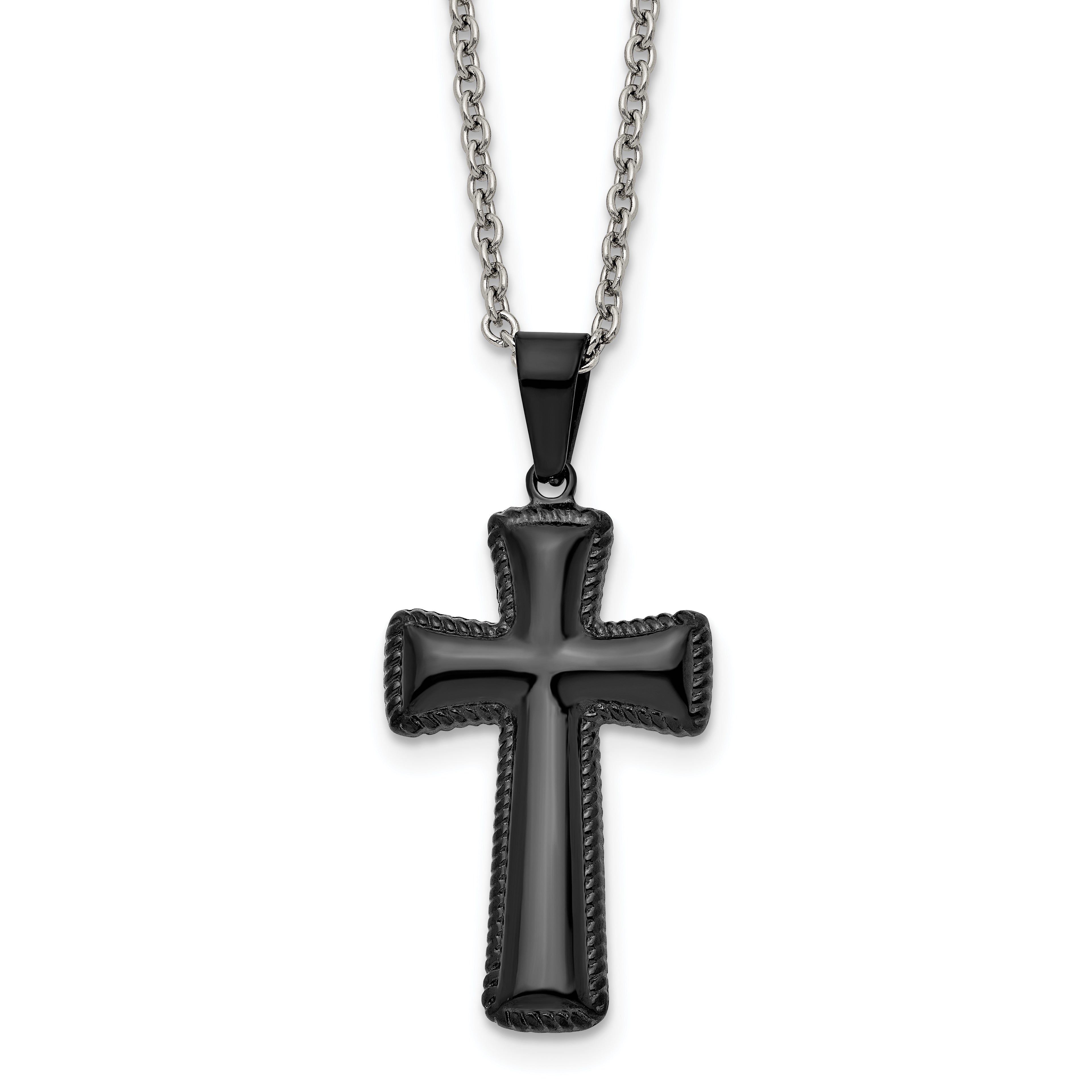 Chisel Stainless Steel Polished Black IP-plated Medium Pillow Cross Pendant on an 18 inch Cable Chain Necklace