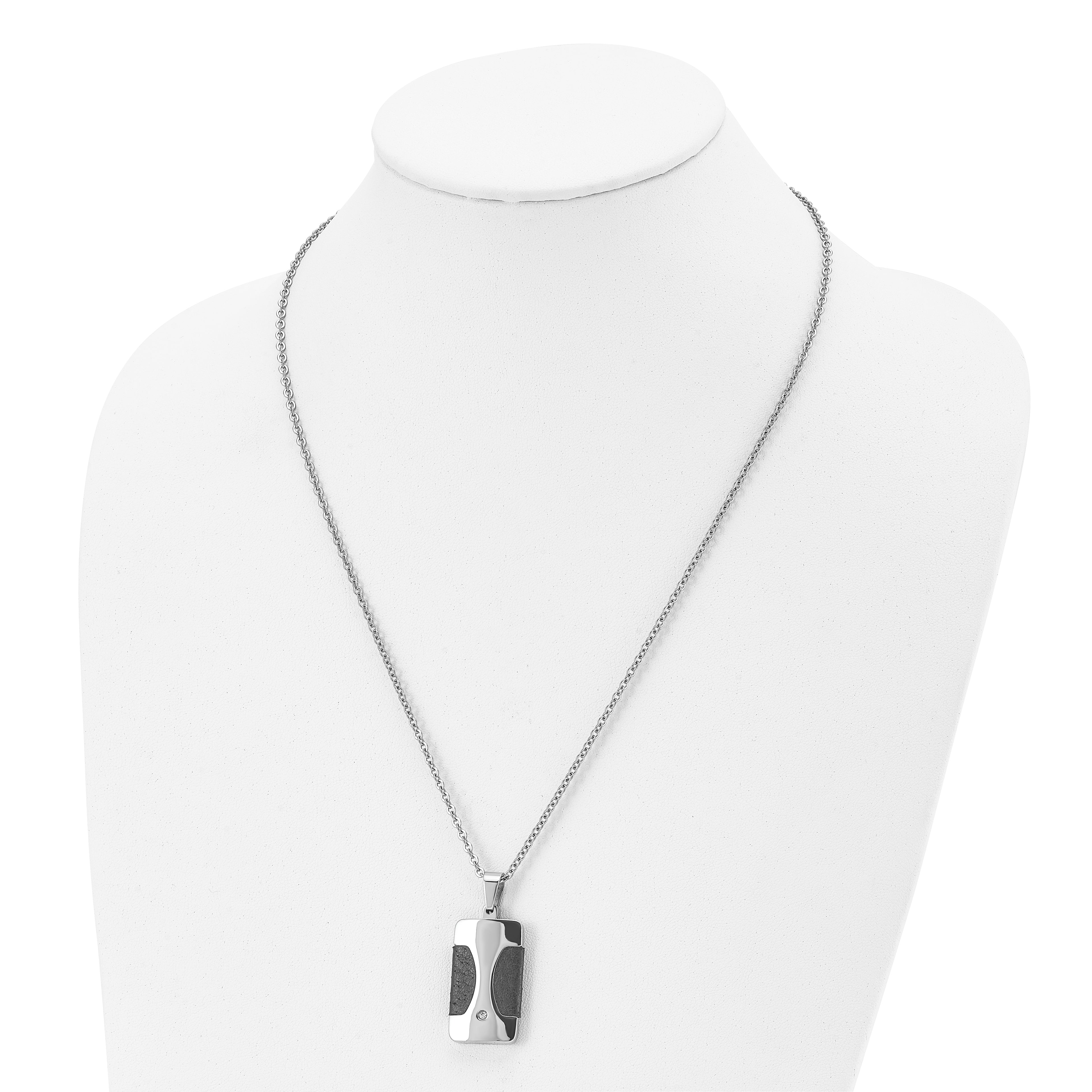 Stainless Steel Polished w/ CZ & Leather Reversible Inlay 22in Necklace