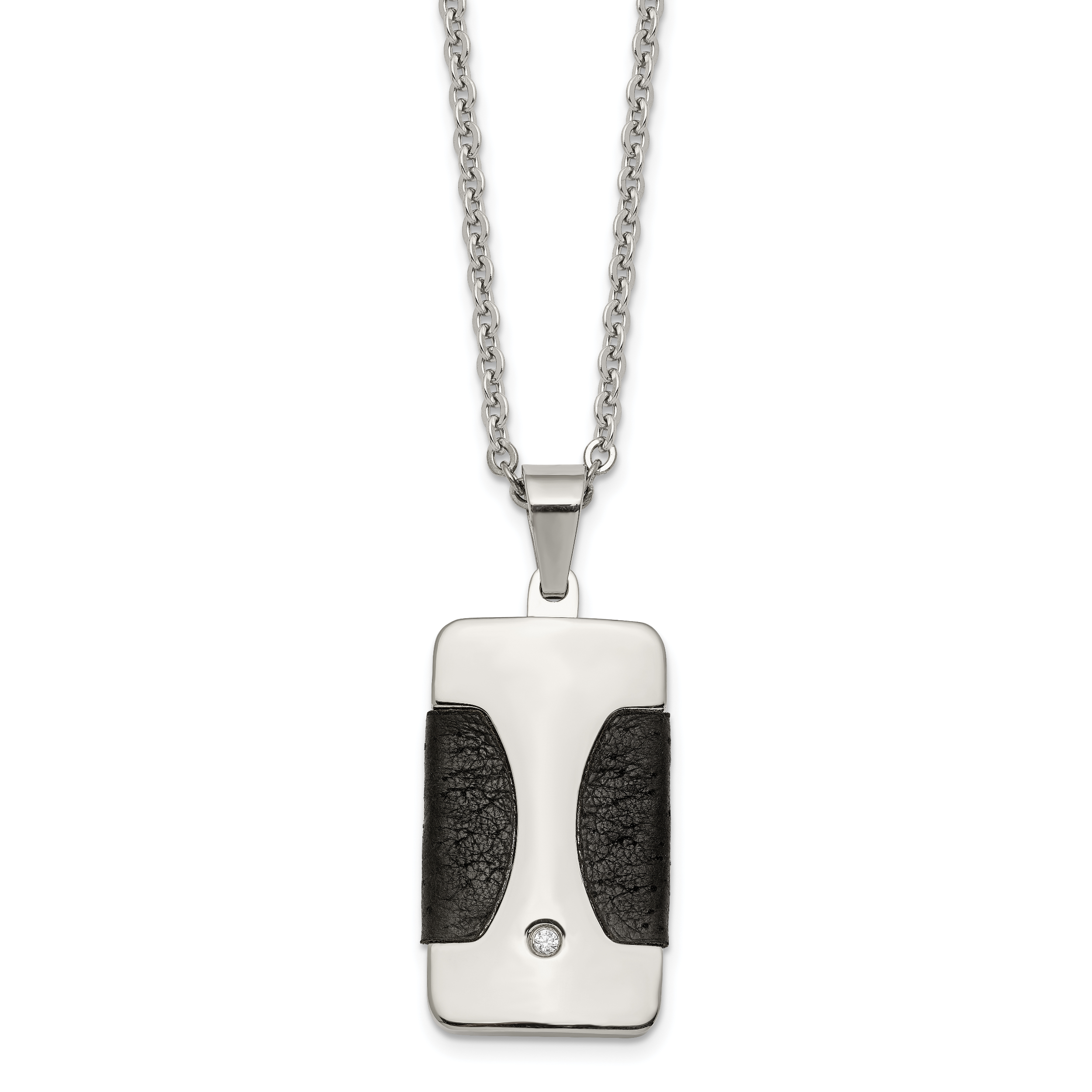 Stainless Steel Polished w/ CZ & Leather Reversible Inlay 22in Necklace Main image