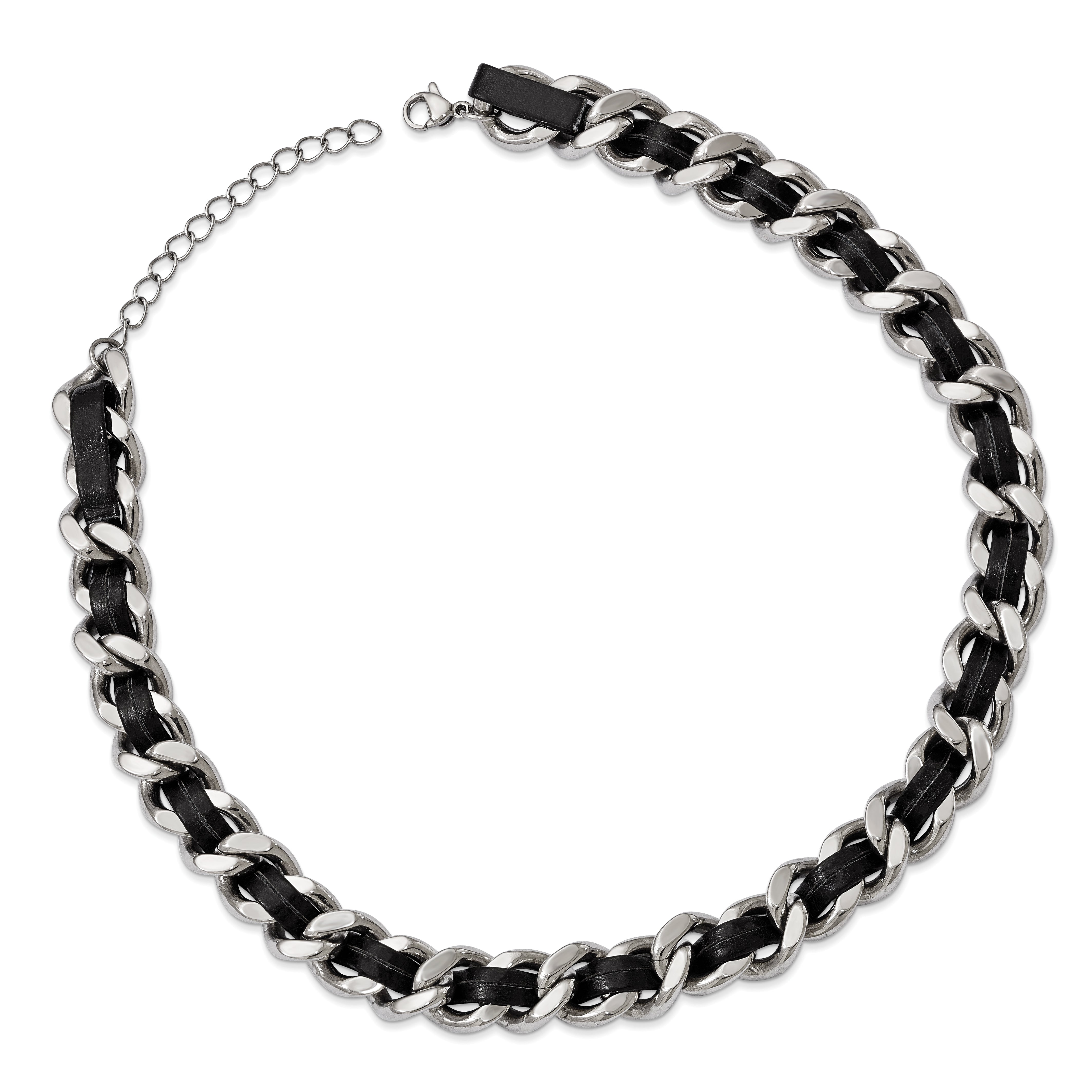 Stainless Steel Polished Black Leather Curb w/2in ext Choker Necklace Secondary image