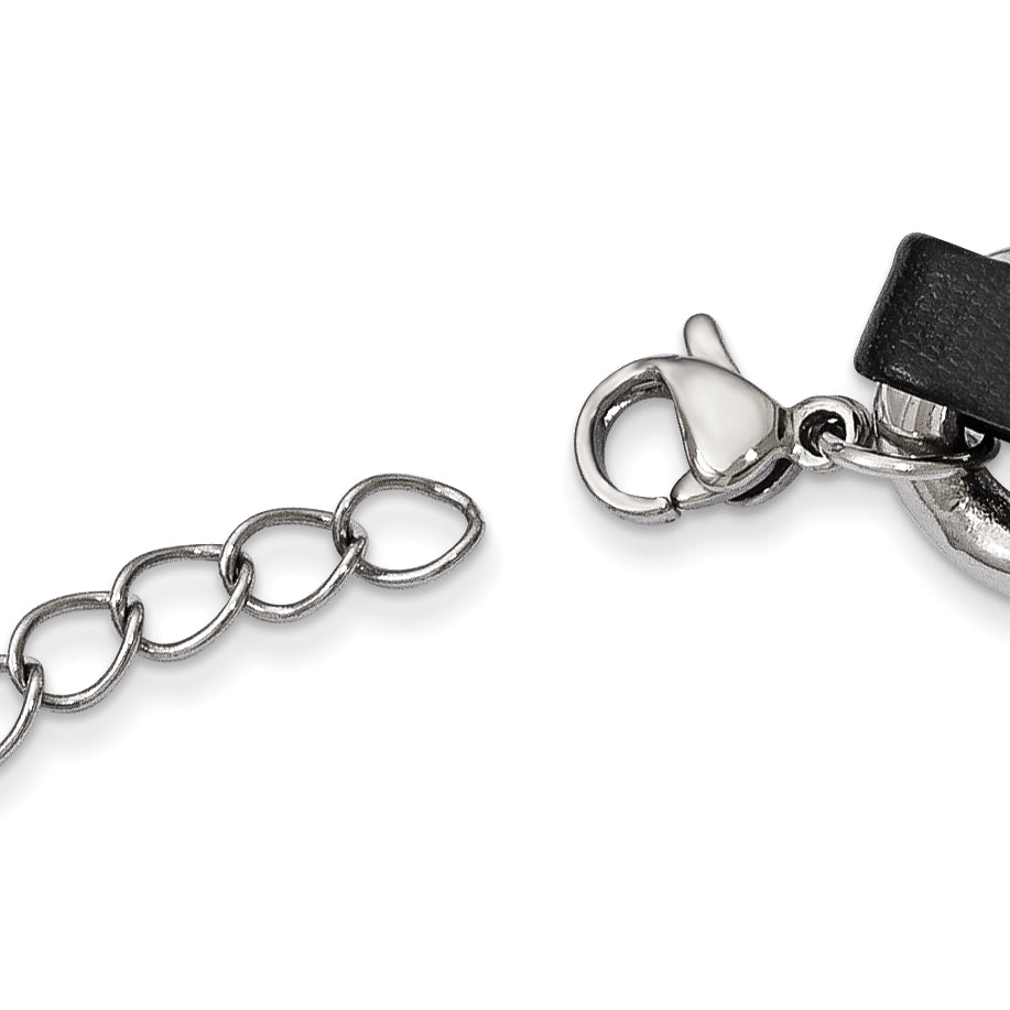 Stainless Steel Polished Black Leather Curb w/2in ext Choker Necklace