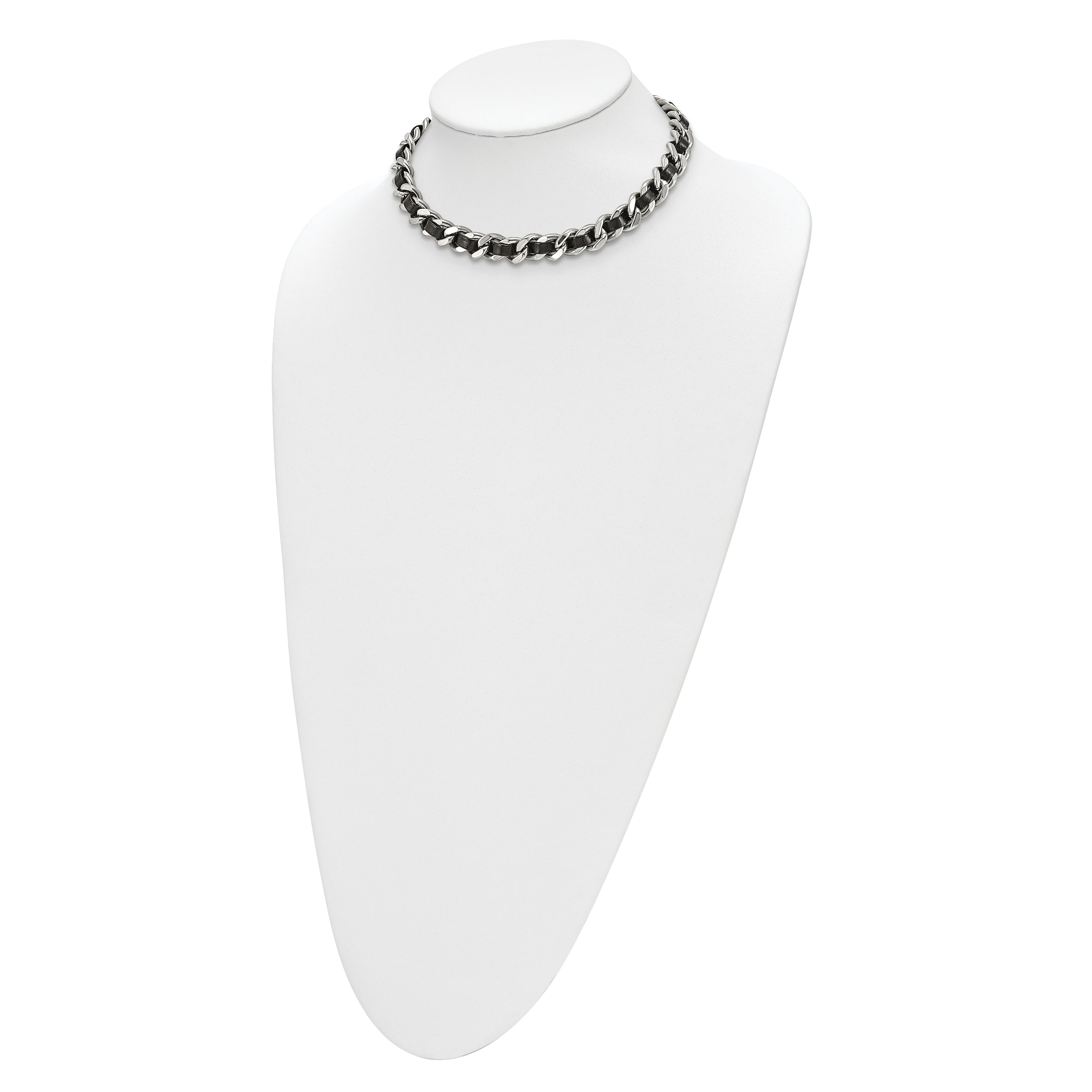 Stainless Steel Polished Black Leather Curb w/2in ext Choker Necklace