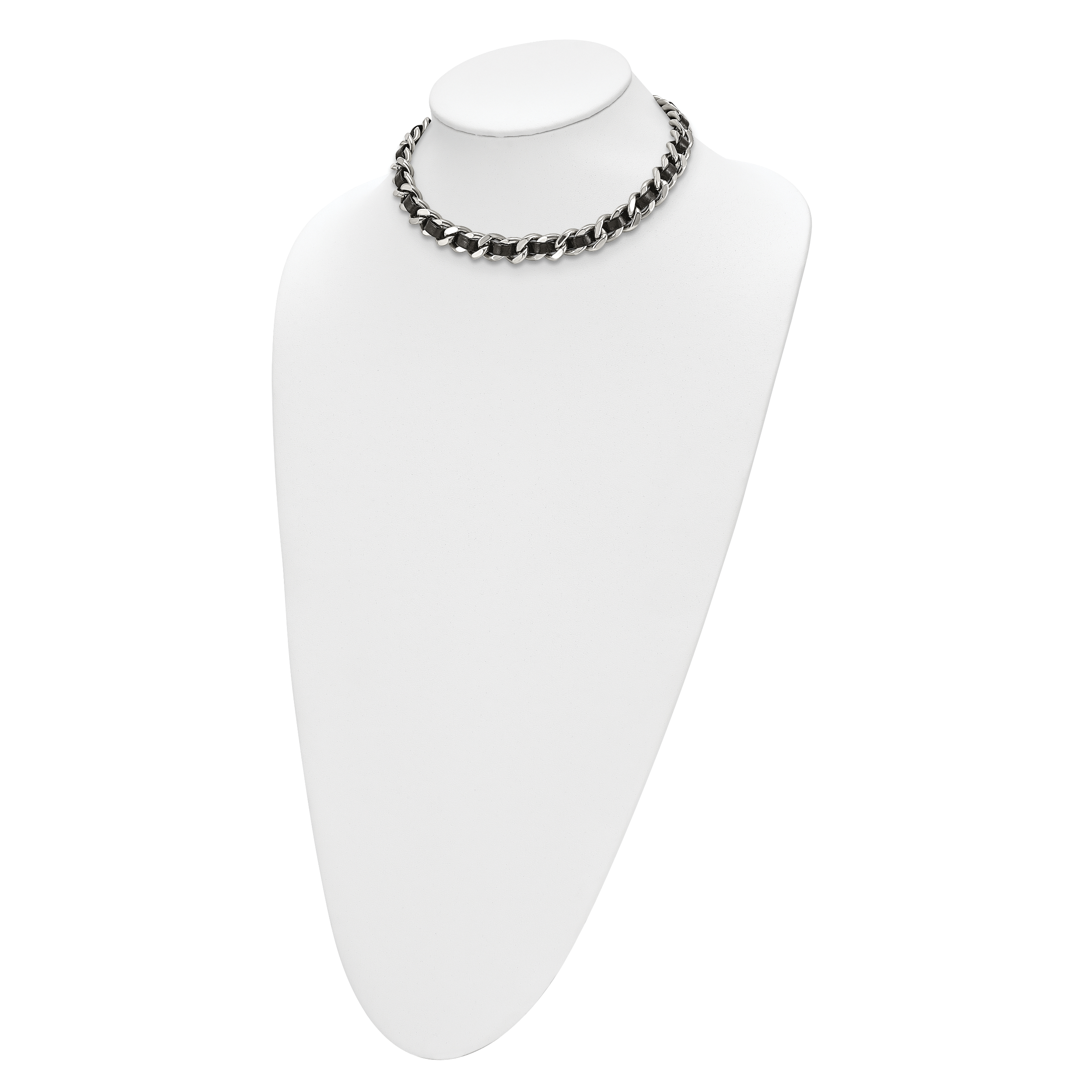 Stainless Steel Polished Black Leather Curb w/2in ext Choker Necklace