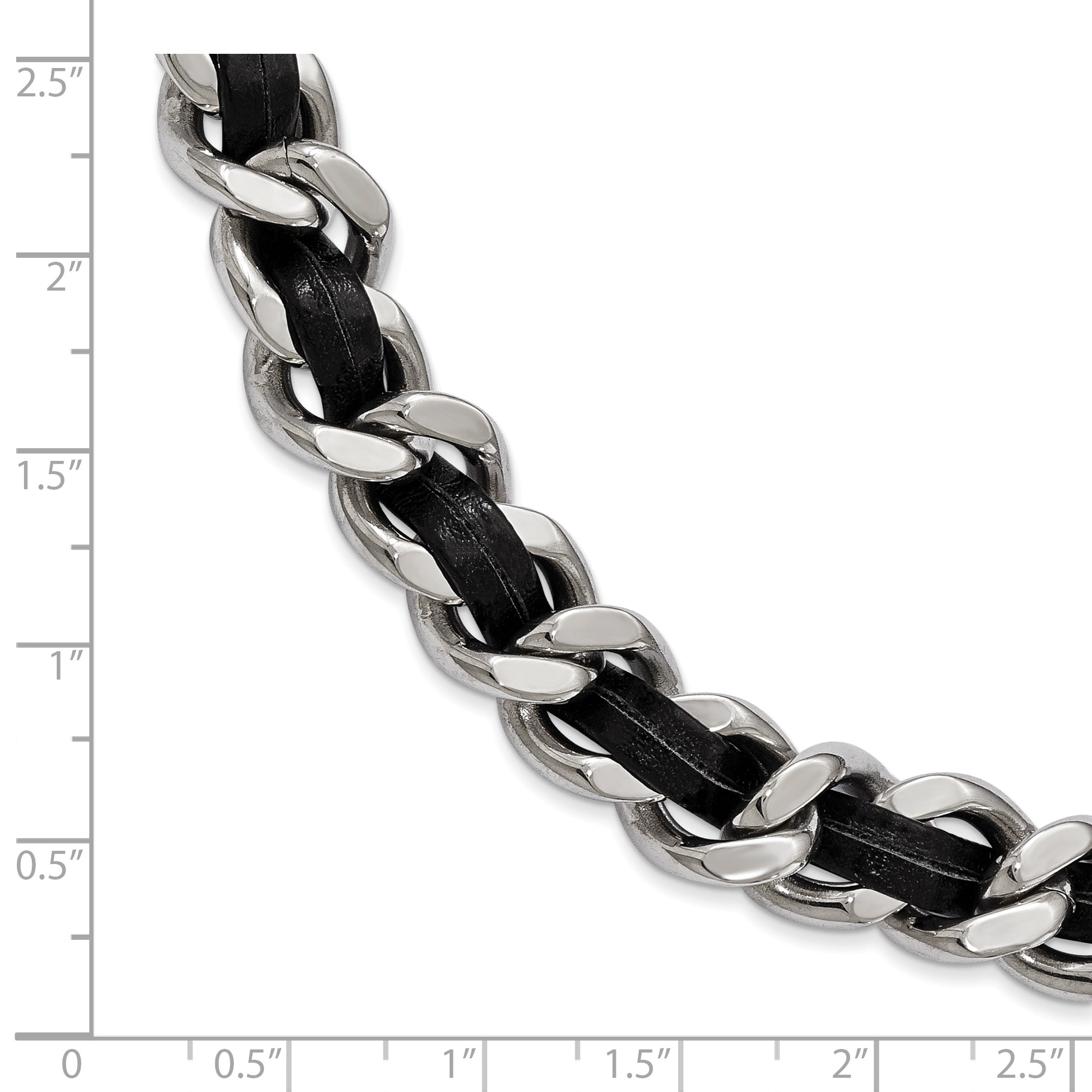 Stainless Steel Polished Black Leather Curb w/2in ext Choker Necklace