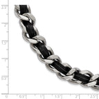 Stainless Steel Polished Black Leather Curb w/2in ext Choker Necklace